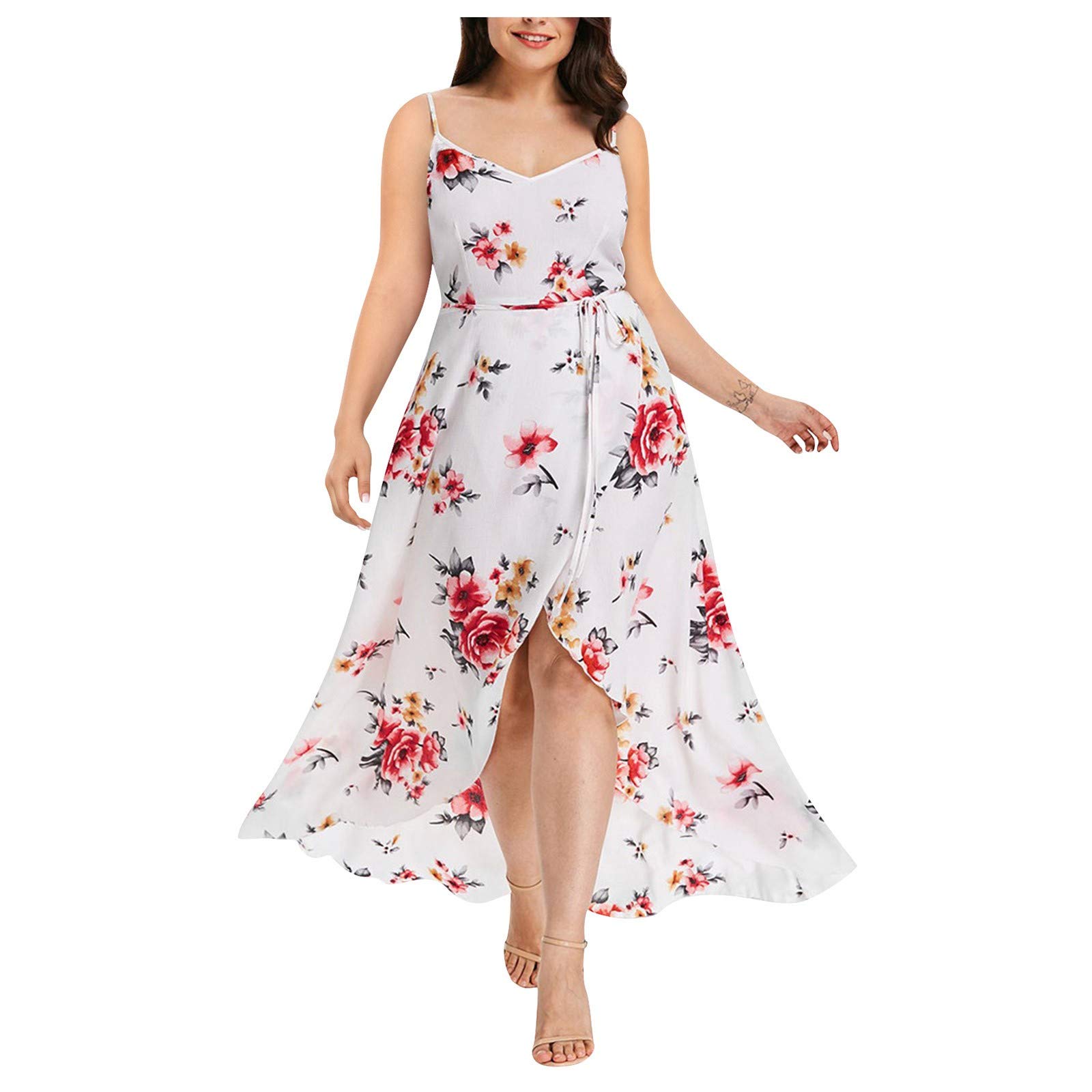 Elegant Black Floral Print Boho Maxi Dress with High Slit - Sleeveless Casual Plus Size Women's Dress for Summer, Beach, and Boho Chic Outfits