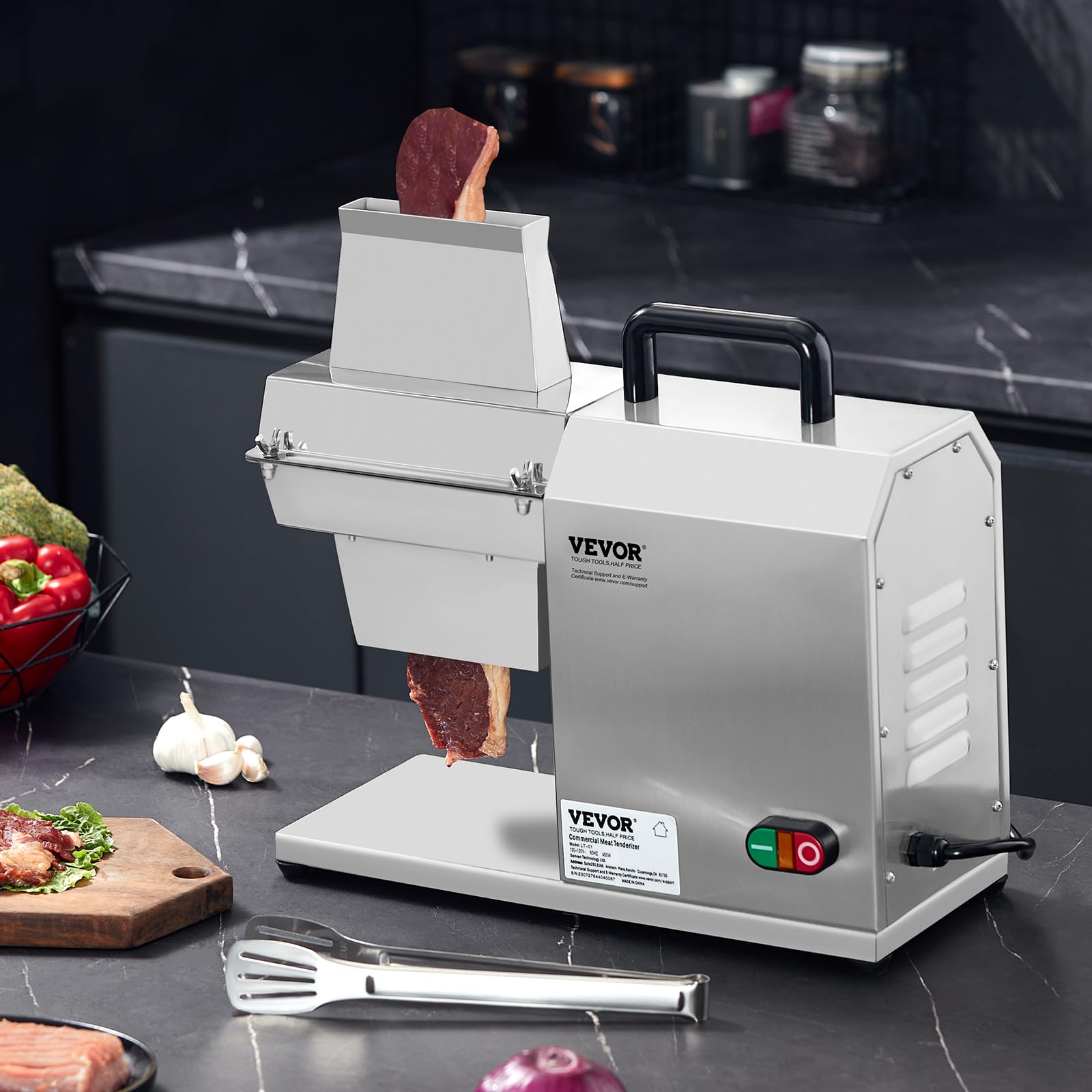 VEVOR 450W Commercial Electric Meat Tenderizer Machine - 17 Inch Heavy Duty Stainless Steel Kitchen Tool with Handle, Meat Tong & Cleaning Brush - Perfect for Beef, Turkey, Chicken, Pork & Fish - Ideal for Restaurants, Butcher Shops & Home Kitchens