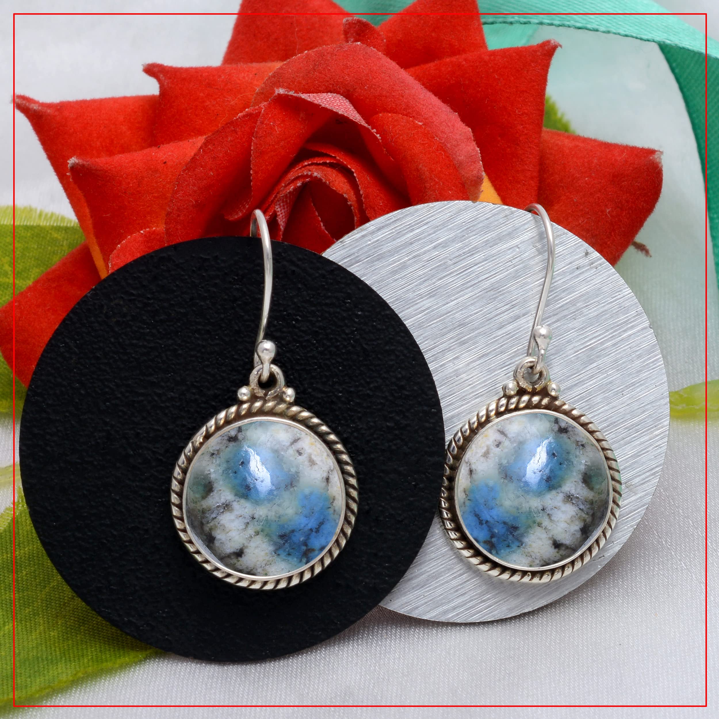 Veracity Jewelry K2 Jasper Earrings for Women - 925 Sterling Silver Handmade Dangle Earrings with Natural Multi-Color K2 Jasper Gemstone - Elegant Boho Jewelry for Parties, Weddings & Everyday Wear (VSE-230)