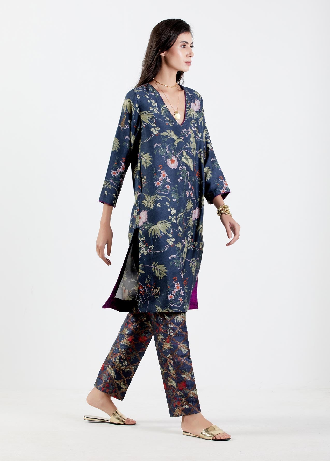Elegant V Neck Kurta for Women - Premium Muga Satin Fabric in Midnight Blue - Perfect for Festivals, Weddings & Special Occasions