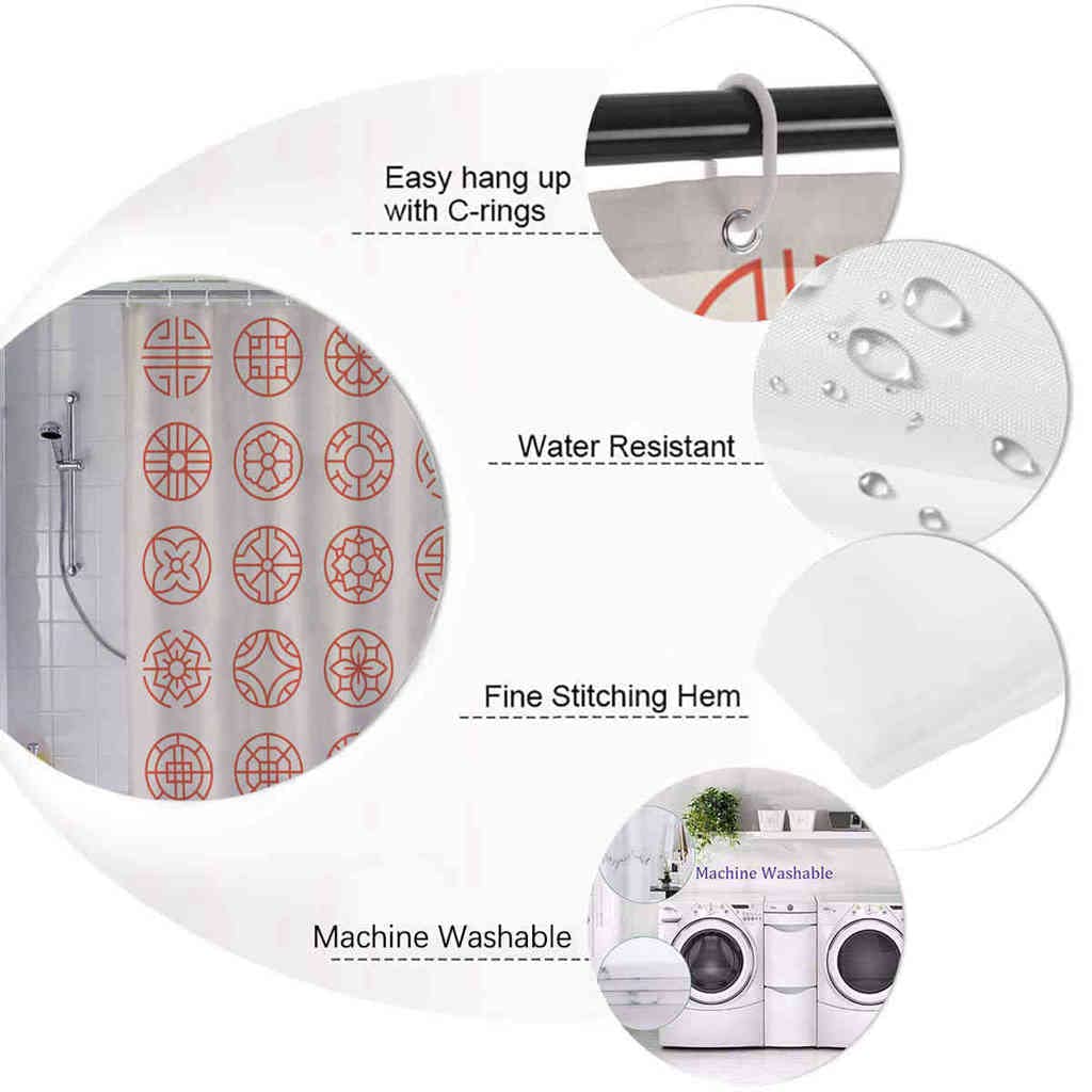 2Pcs Korean & Asian Traditional Circle Pattern Waterproof Shower Curtain Set with Bath Mat & 12 Hooks - 72x72 Inch, Red - Elegant Bathroom Decor for Home, Spa & Hotel Use