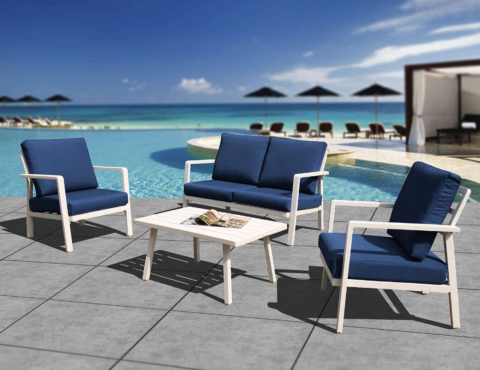 4-Piece Outdoor Patio Furniture Set - Aluminum Frame with Cushions & Coffee Table - Modern Conversation Set for Backyard, Garden, or Poolside (Blue) - Perfect for Relaxing, Entertaining & Outdoor Gatherings