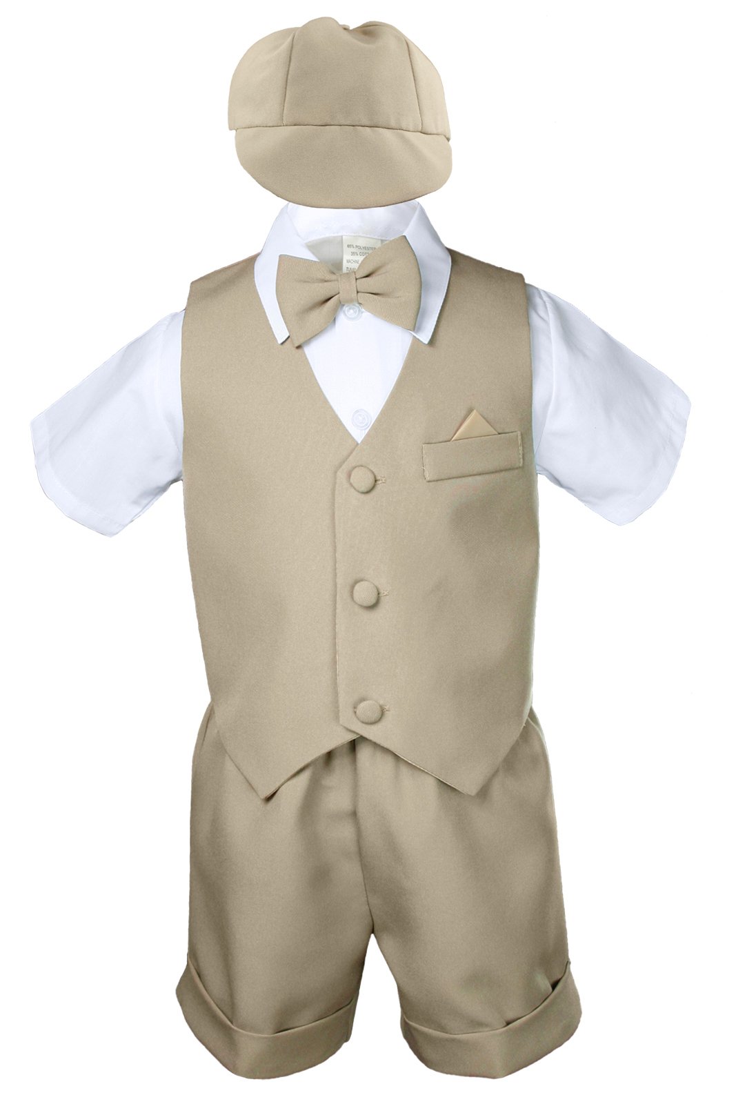 7-Piece Baby Boy Khaki Formal Bow Tie Shorts Suit Set with Extra Vest & Necktie (Sizes S-4T) - Perfect for Weddings, Baptisms & Special Occasions
