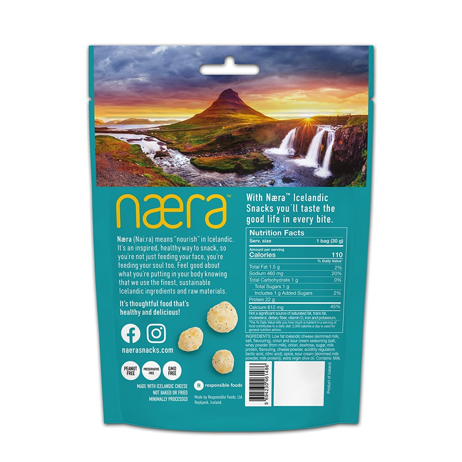 Næra Icelandic - 2-Pack Sour Cream & Onion 100% Cheese Protein Snacks | High Protein, Natural Crunchy Snacks for Adults & Kids (1.05 oz each) | Perfect for On-the-Go, School Lunches & Healthy Snacking