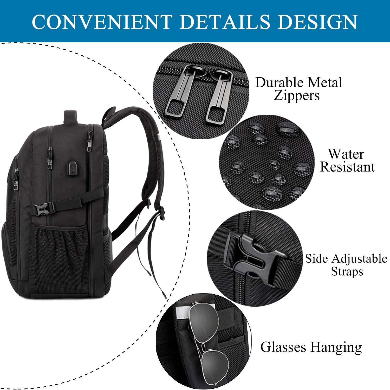 50L Large Travel Laptop Backpack with USB Charging Port - Water Resistant Anti-Theft Business Backpack for Men & Women - Fits 17 Inch Laptop - Perfect for Commuting, College, Business Trips & Outdoor Adventures (Black)
