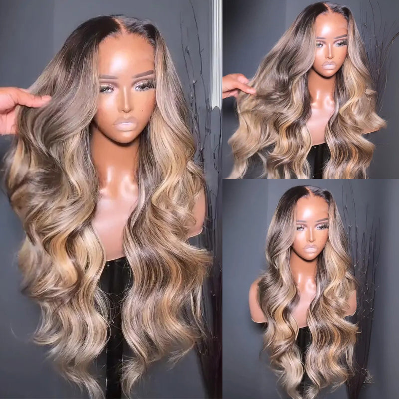 Eullair Glueless Human Hair Wig - Balayage Blonde with Black Roots, Body Wave, Lace Frontal Wig for Women | Perfect for Daily Wear, Parties, and Special Occasions