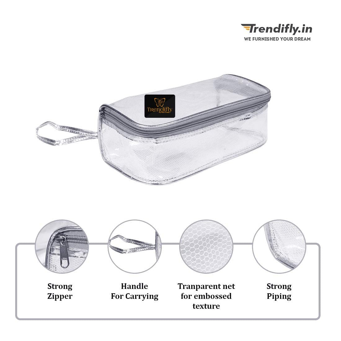 Trendifly 4-Piece Clear Waterproof Travel Cosmetic Organizer Set - Nylon Makeup Pouch & Jewelry Storage Bag for Women (Grey Transparent) | TSA Approved Carry-On Toiletry Bag for Airplane, Gym, Beach & College | Perfect for Organizing Skincare, Makeup Brushes, Hair Accessories & Daily Essentials | Great for Travel, Home Vanity & On-the-Go Organization