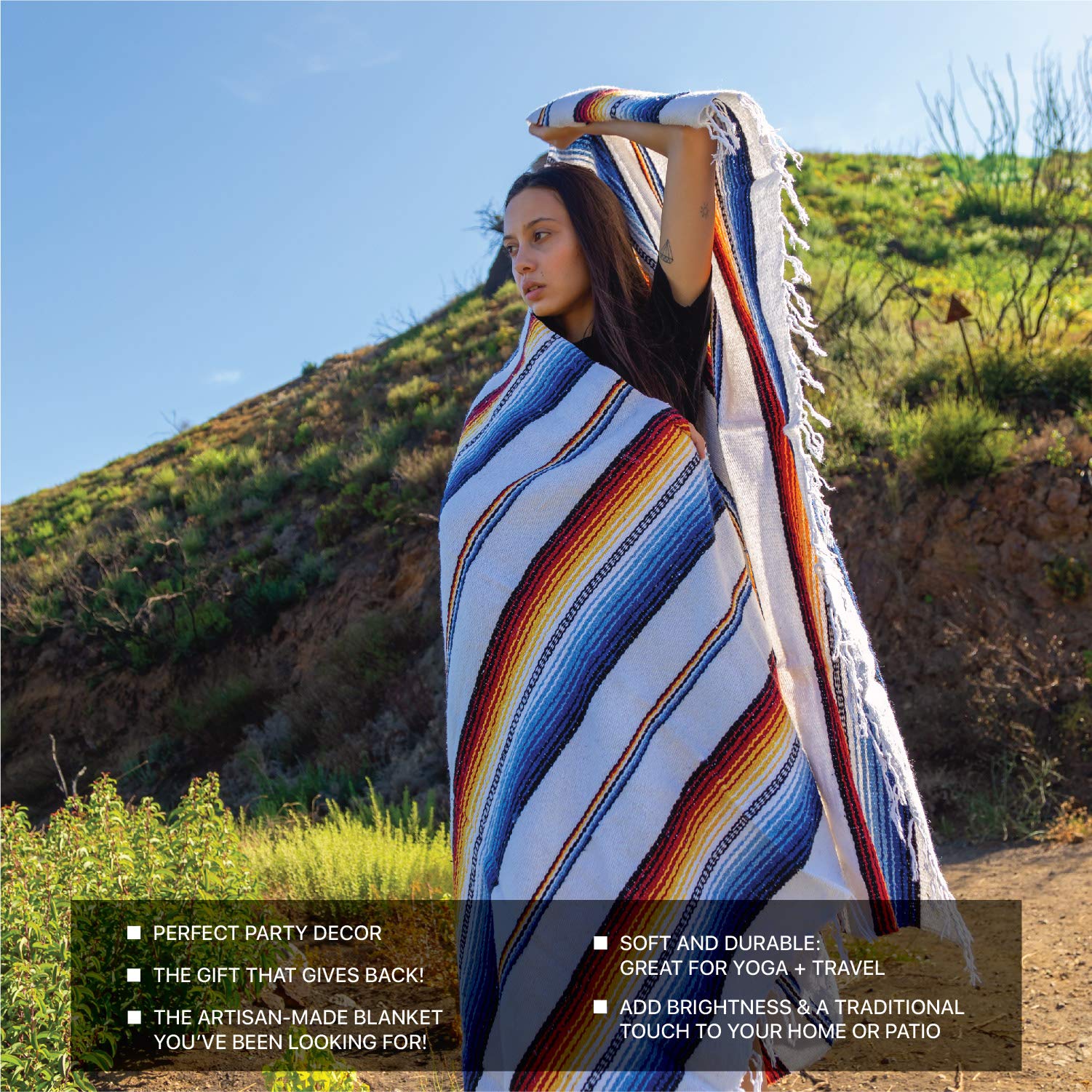 Authentic Handwoven Mexican Falsa Blanket by Benevolence LA - Traditional Artisan Crafted Outdoor Blanket for Camping, Beach, Picnic & Car Use - Soft & Durable (White) | Perfect for Backyard Lounging, Festival Essentials and Cozy Home Decor