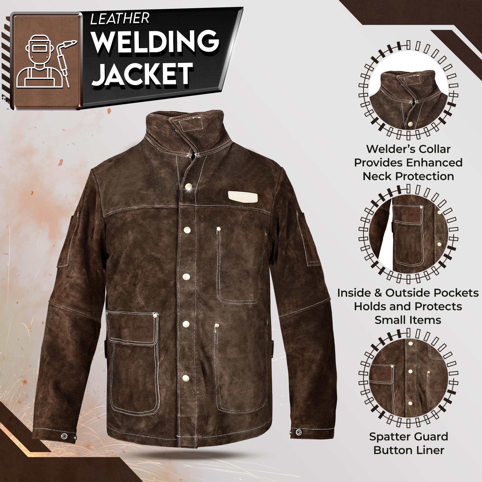 Men's & Women's Heat & Flame Resistant Leather Welding Jacket - Heavy Duty FR Safety Jacket for Welders - Perfect for Metalworking, Construction & DIY Projects