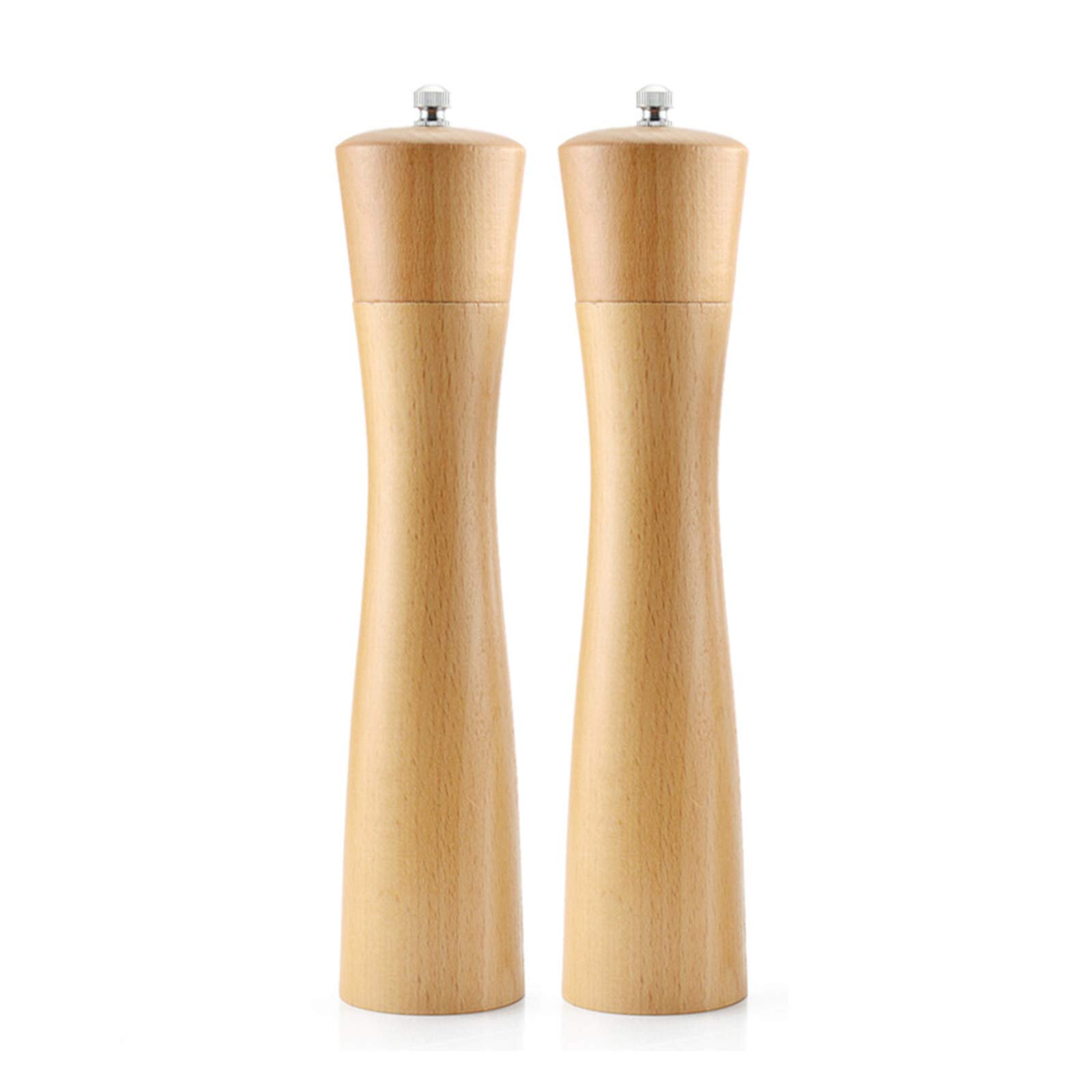 2 Pack Wooden Pepper Grinder & Salt Mill Set - 10 Inch Tall Manual Refillable Spice Grinder with Adjustable Ceramic Mechanism for Kitchen, Restaurant & Camping - Perfect for Cooking, BBQ & Outdoor Dining