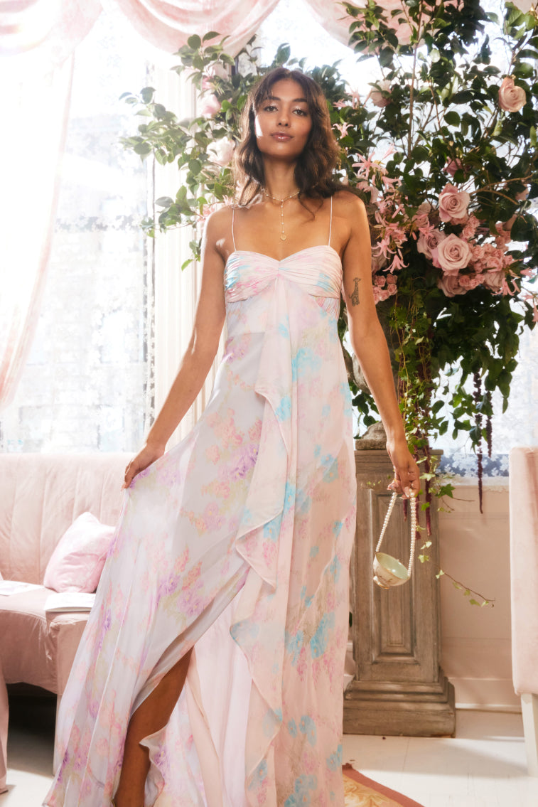 Elegant Miu Floral Chiffon Gown for Women - Summer Wedding Guest Dress, Evening Party Gown & Formal Occasion Wear