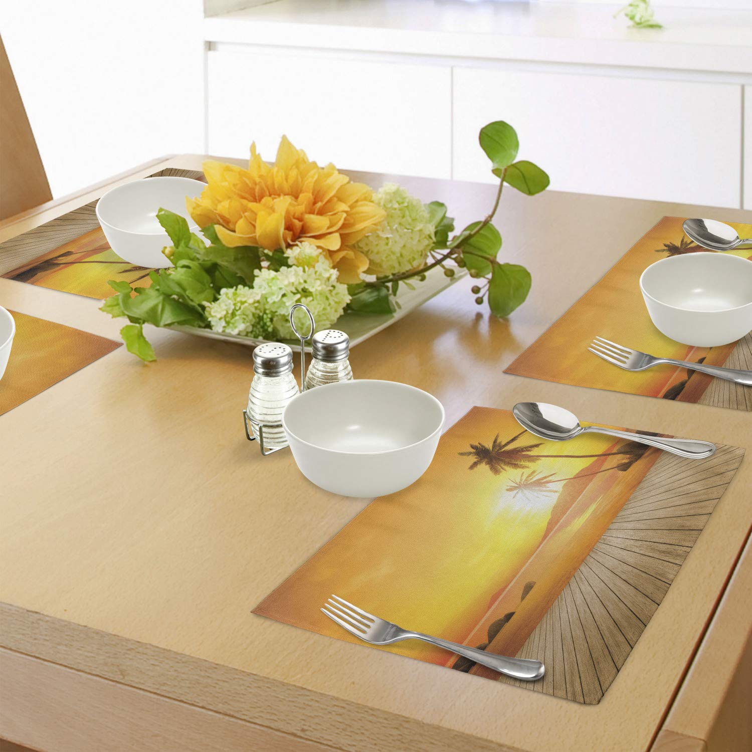 Ambesonne Ocean Placemats Set of 4 - Tropical Sunset with Palm Trees & Wooden Deck Design, Washable Fabric Table Mats for Dining Room & Kitchen Decor (Orange Brown) | Perfect for Beach-Themed Parties, Summer Dining & Coastal Home Decor