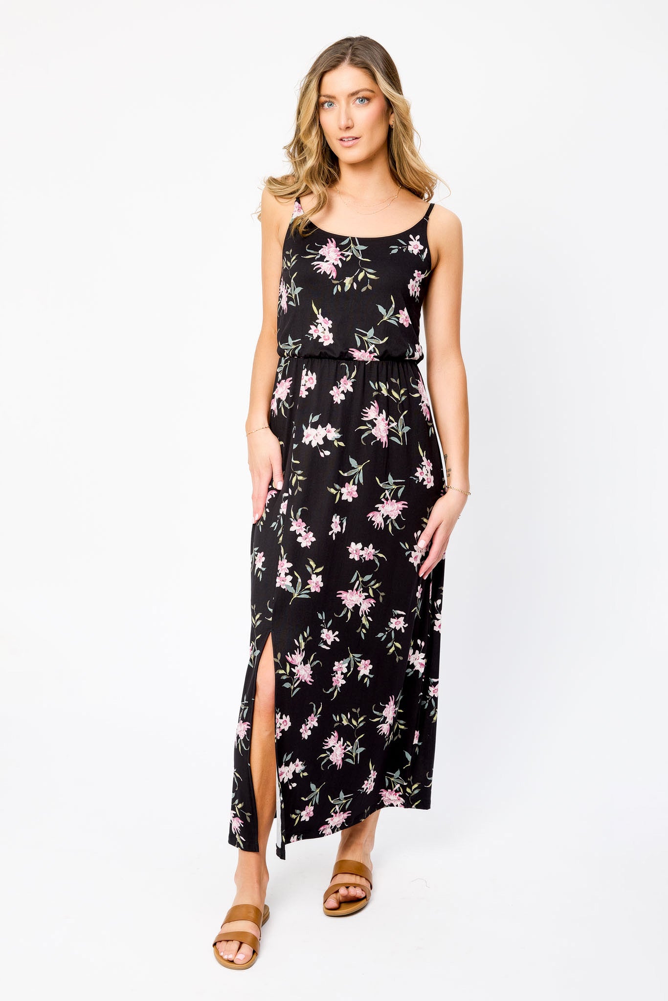 Floral Print Spaghetti Strap Scoop Neck Maxi Dress with Side Slit - Summer Beach Wedding Guest Dress & Boho Vacation Outfit