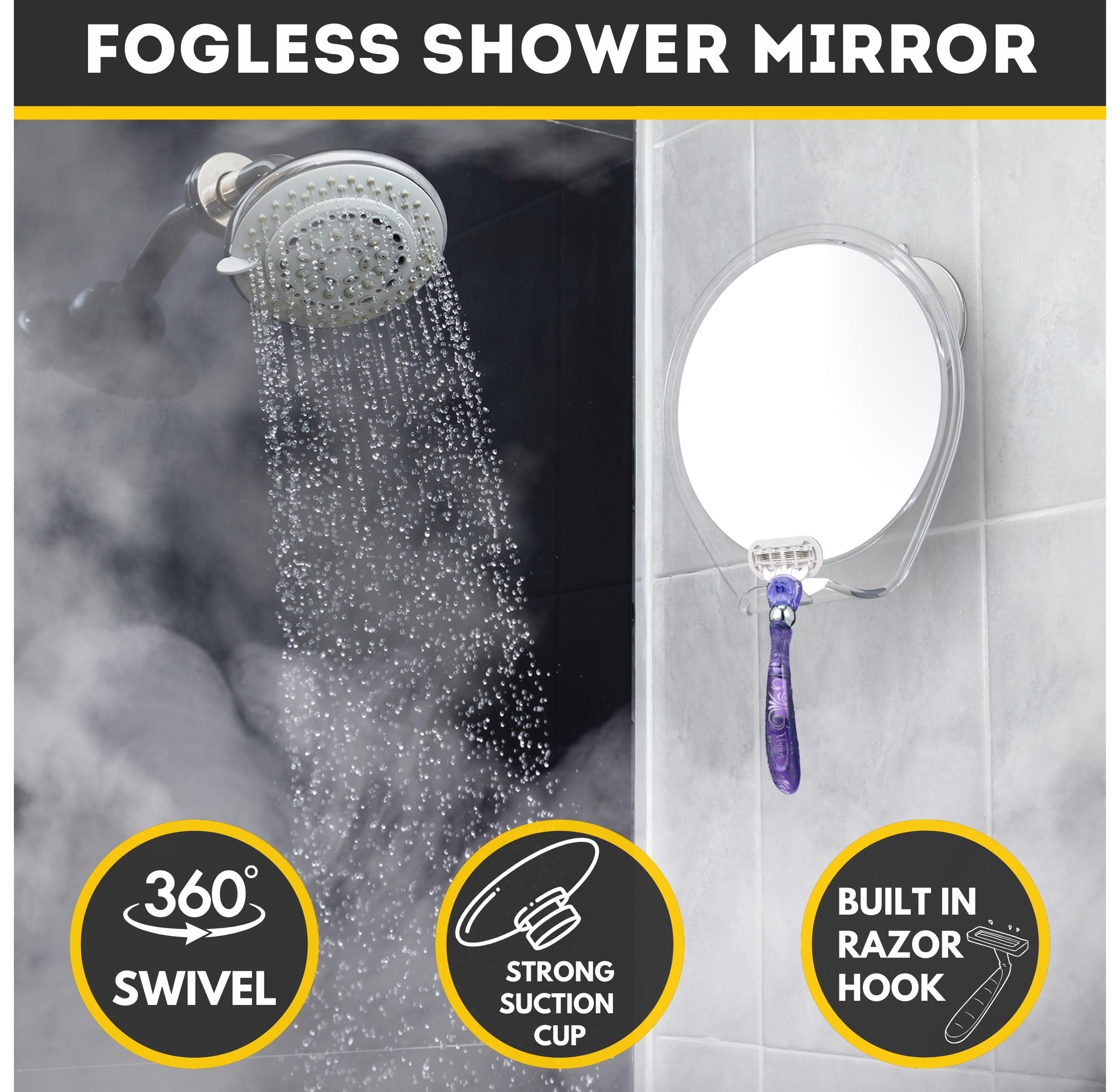 Fogless Shower Mirror for Shaving with Suction Cup & Razor Holder - Large Anti-Fog Bathroom Mirror for Men, Perfect for Shaving in Shower or Bathroom - Ideal for Travel & Home Use