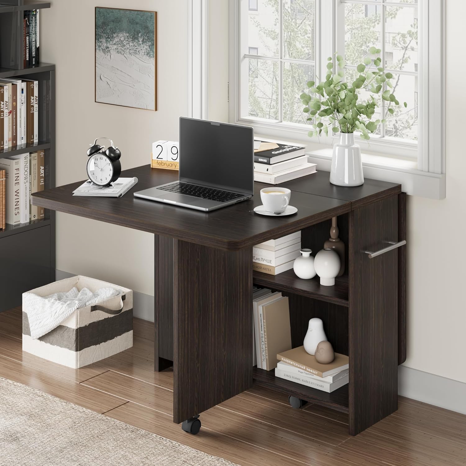 IDEALHOUSE Folding Dining Table with Drop Leaf, 6 Wheels & 2-Tier Storage Shelf - Space Saving Kitchen Table for Small Spaces, Compact Apartment & RV (Dark Walnut, 47.2