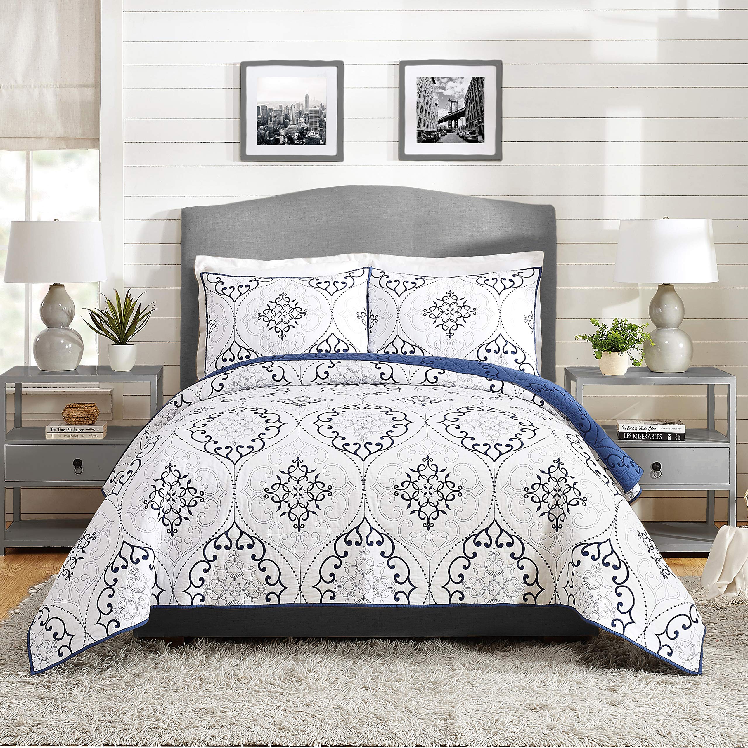 MODERN HEIRLOOM Chambers 3-Piece Quilt Set King Size - Navy Blue Luxury Bedding for Master Bedroom & Guest Room