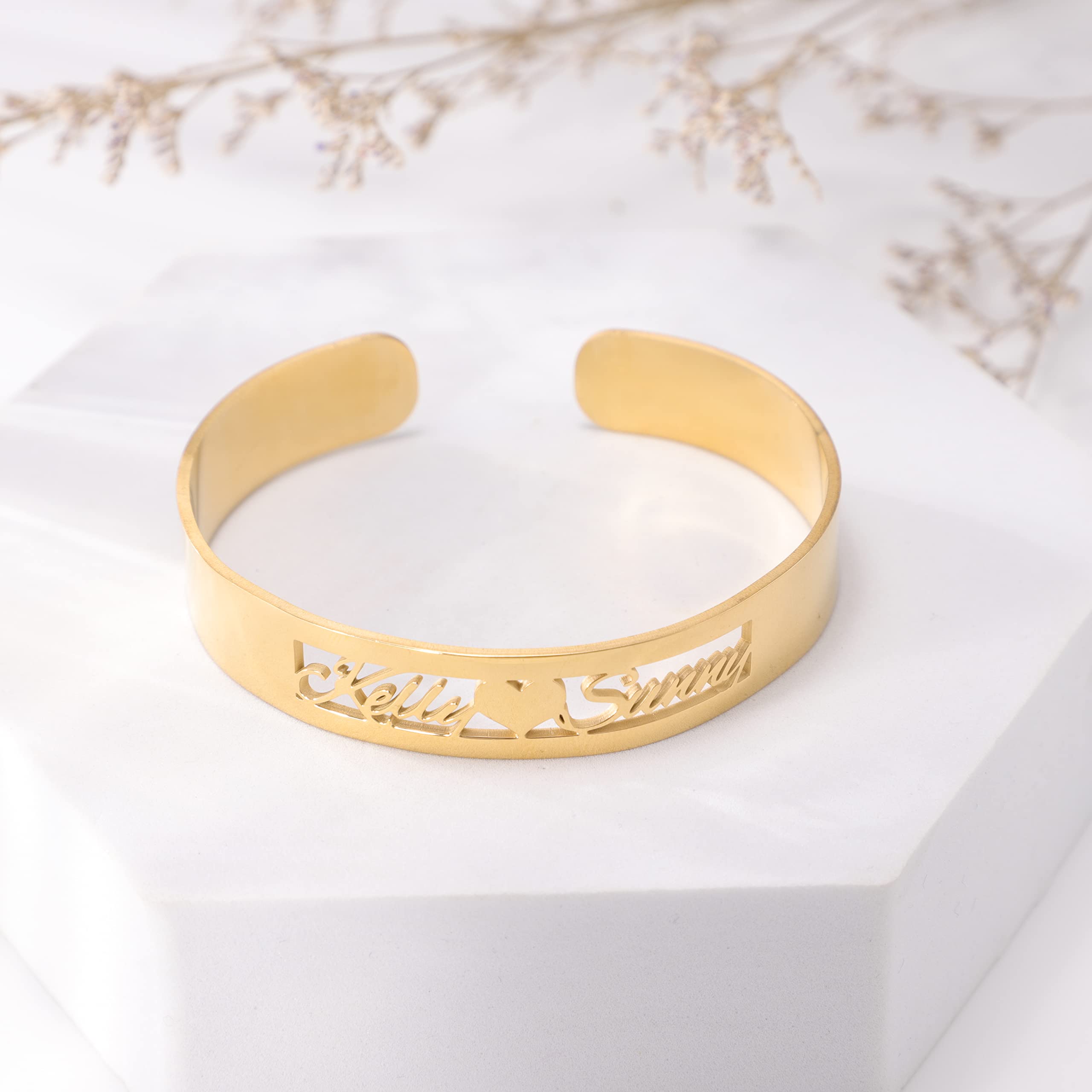 Personalized Name Bracelets for Women - 18K Gold Custom Engraved Name Cuff Bangle Jewelry Gift for Mom, Daughter, Wife | Birthday, Anniversary, Mother's Day Present | Perfect for Everyday Wear & Special Occasions