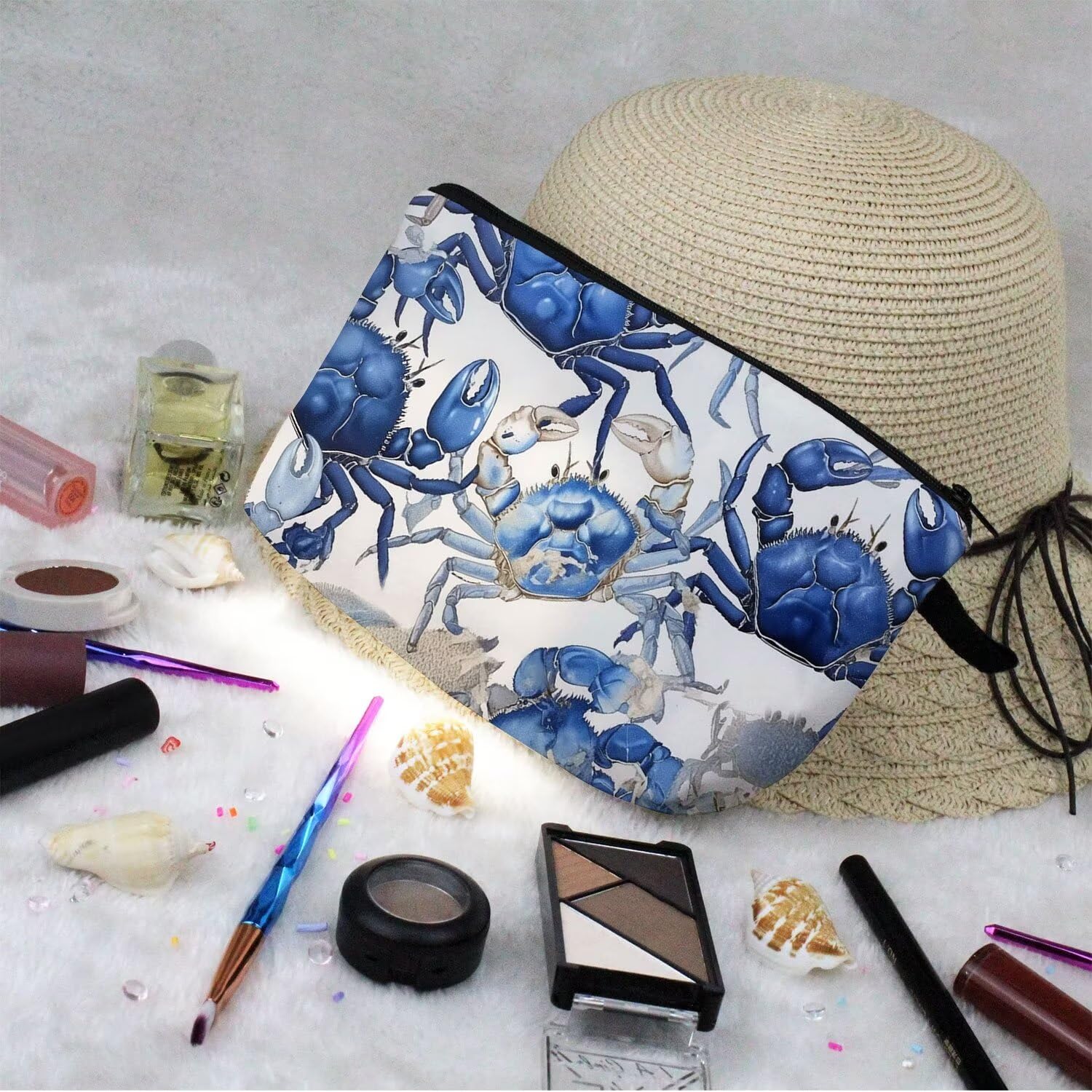 Blue Crab Makeup Bag - Small Waterproof Toiletry Organizer with Zipper Pouch | Watercolor Blue Crab Printed Cosmetic Bag | Perfect Gift for Crab Lovers & Women Friends | Great for Travel, Beach Trips & Daily Makeup Storage