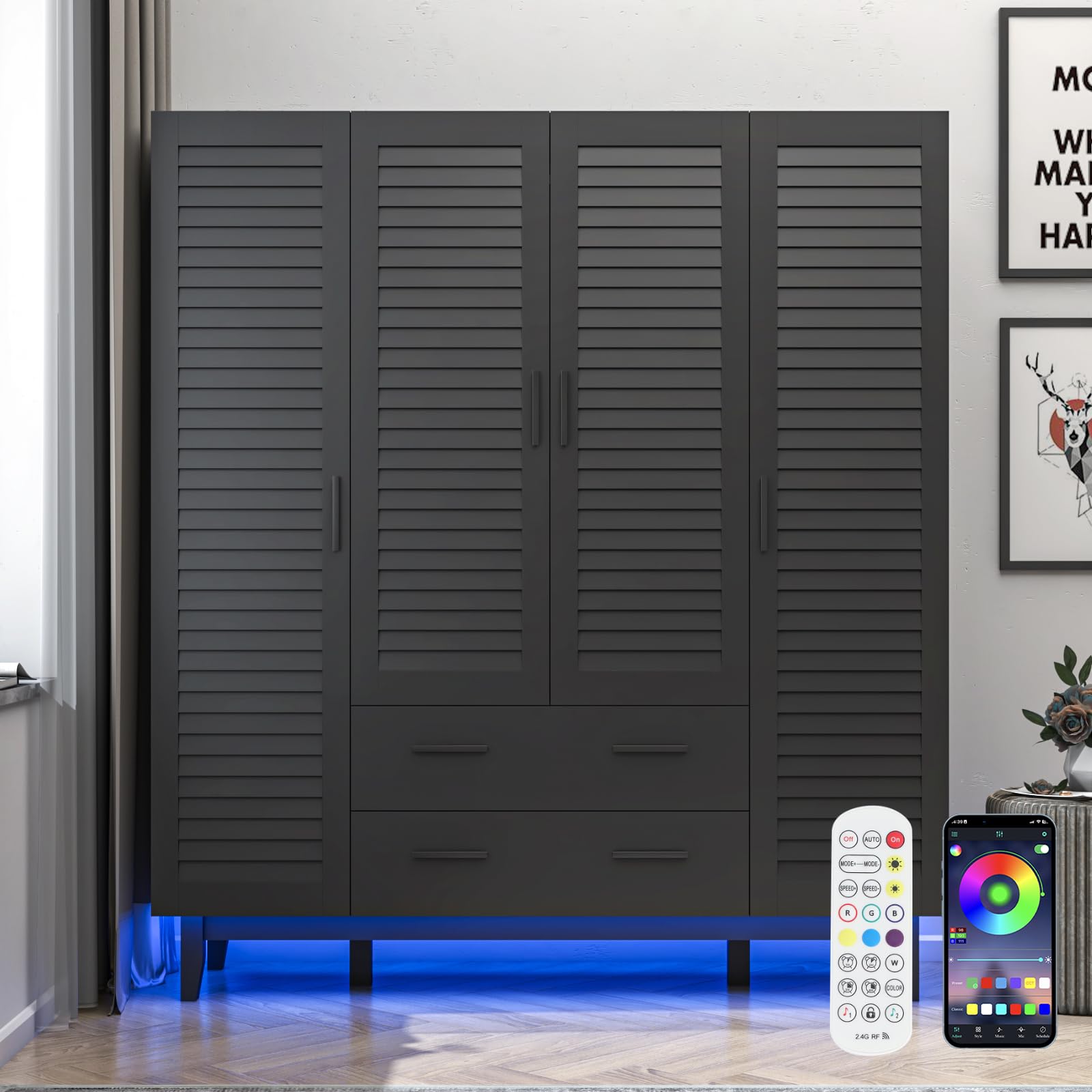 4 Door Armoire Wardrobe Closet with LED Lights, Drawers & Hanging Rod - Large Capacity Storage Cabinet for Bedroom with Multi-Tier Shelves & Louver Doors (Black) - Perfect for Organizing Clothes, Shoes & Accessories in Master Bedroom or Guest Room