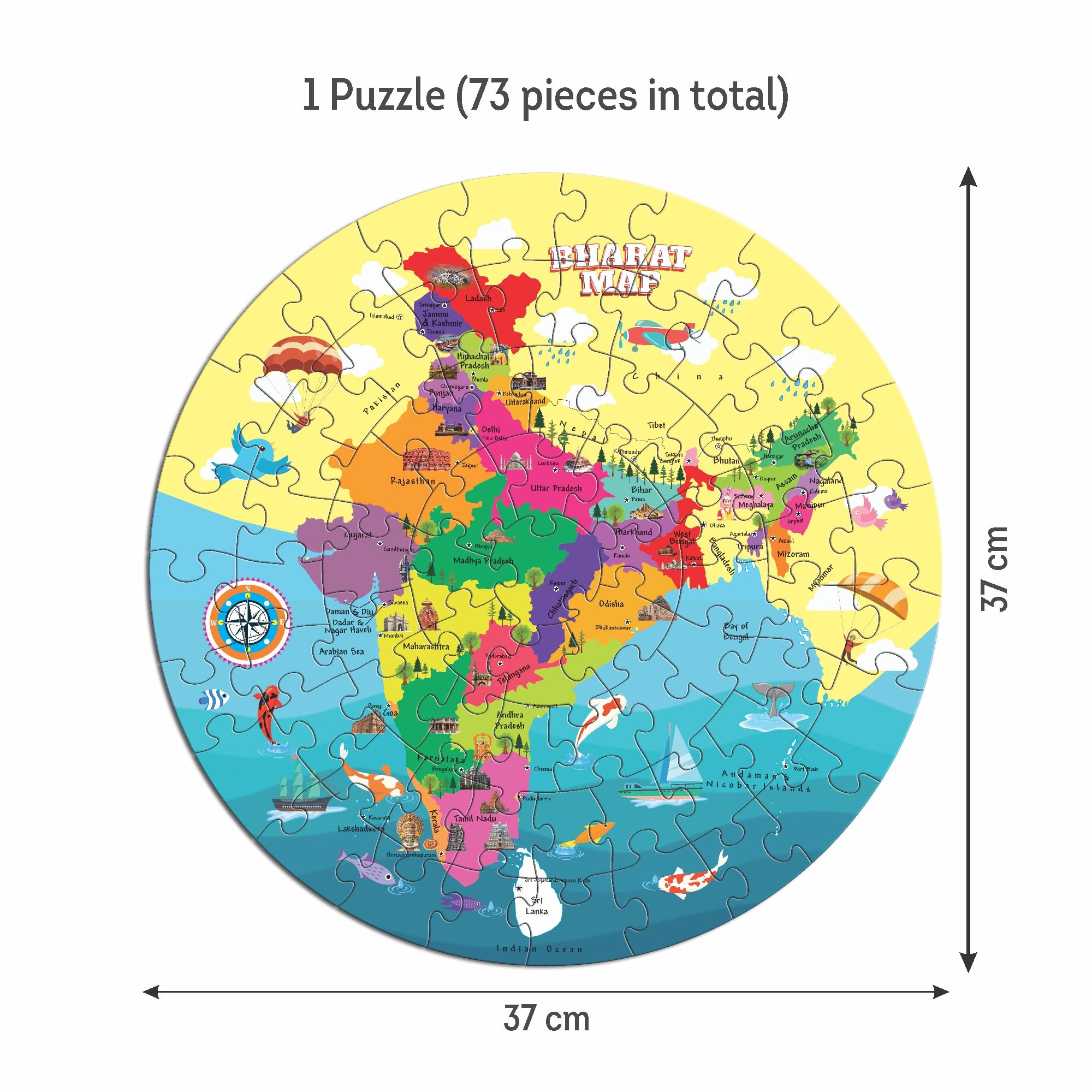 Toyzmania India Map Jigsaw Puzzle for Kids Ages 3+ | Educational Learning Toy with 73 Pieces, 14 Flash Cards & Booklet | Geography Gift for Boys & Girls | Perfect for Classroom, Homeschool & Family Game Night