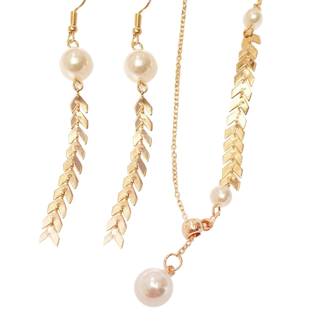 Pearl Drop Earrings and Necklace Set for Women - Gold Bridal Jewelry Set with Wheat Chain, Dangle Earrings & Bracelet - June Birthstone Gift for Wedding, Christmas, Birthday - Perfect for Bridal Party, Anniversary, and Special Occasions