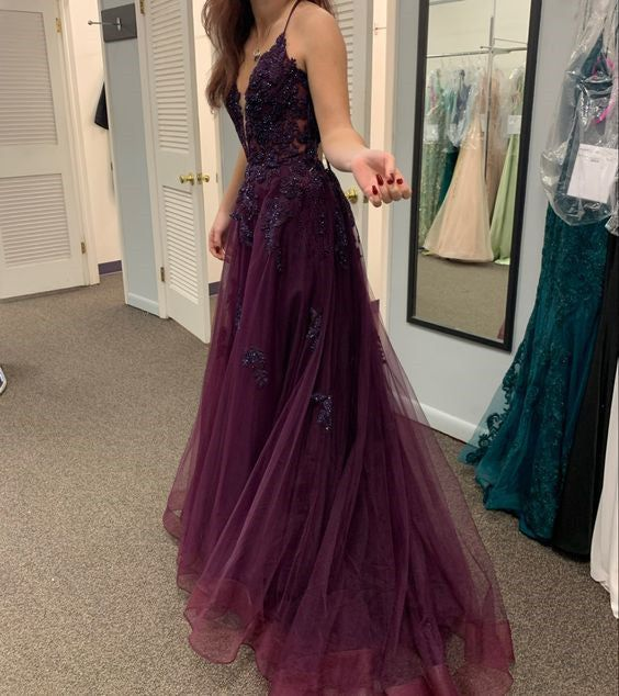Elegant Grape Purple V-Neck Applique A-Line Long Prom Dress J2631 - Perfect for Homecoming, Formal Dances & Special Occasions