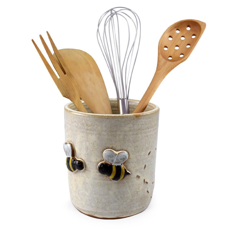 Handmade American Stoneware Utensil Holder with Busy Bee Design - Farmhouse Kitchen Countertop Organizer for Spoons, Forks & Cooking Tools