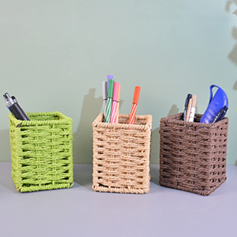 Ochine Handmade Woven Rattan Pencil Holder - 1 Pack Natural Wicker Pen Cup & Makeup Brush Organizer, Desktop Storage Basket for Home, Office, School Desk Accessories | Perfect for Organizing Stationery, Cosmetics & Small Items on Your Workspace
