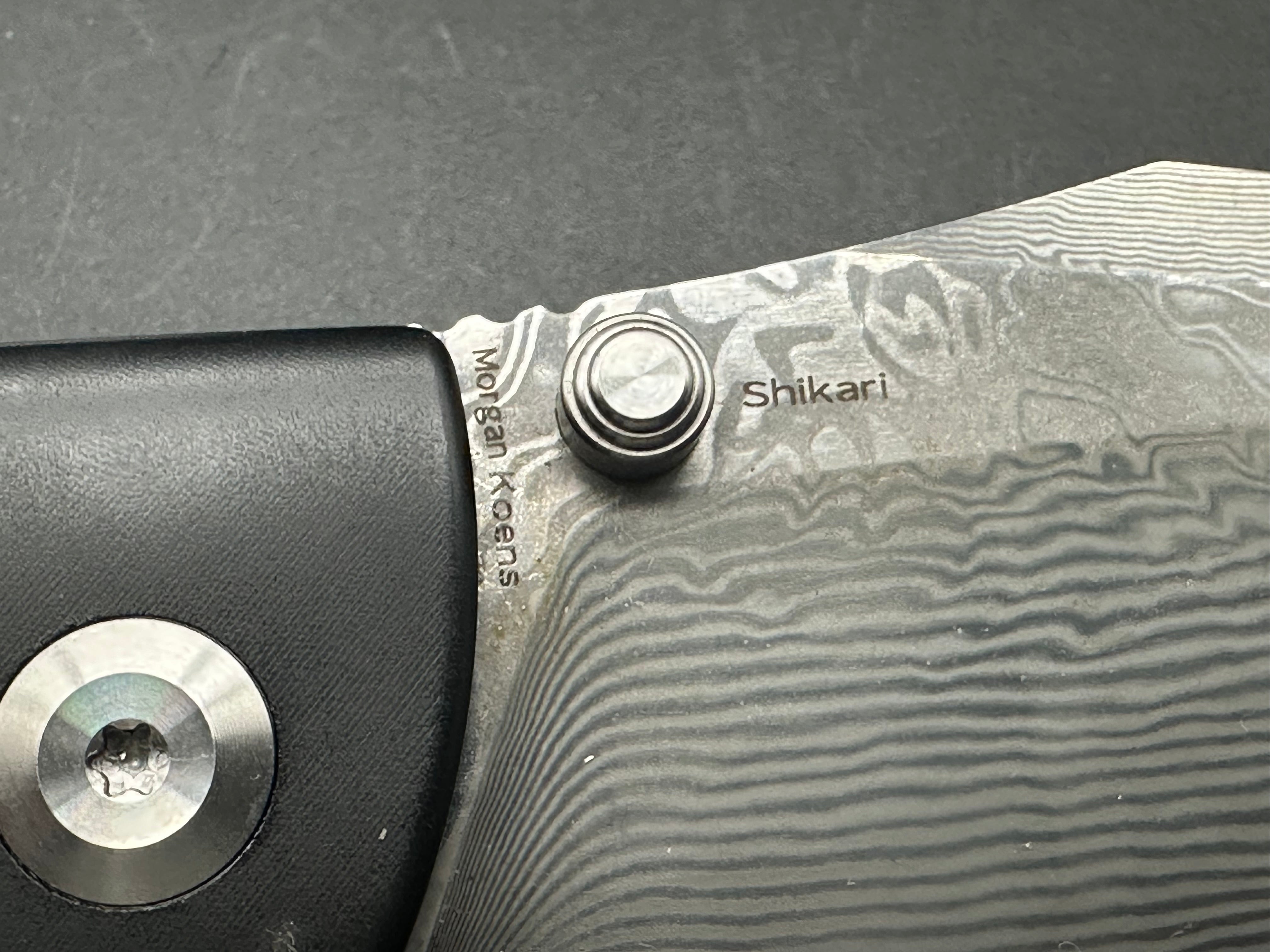 KANSEPT SHIKARI Folding Knife - Black Titanium Handle with Twill Carbon Fiber Inlay & Damascus Steel Blade - Plain Edge for Outdoor, Camping, and EDC Use