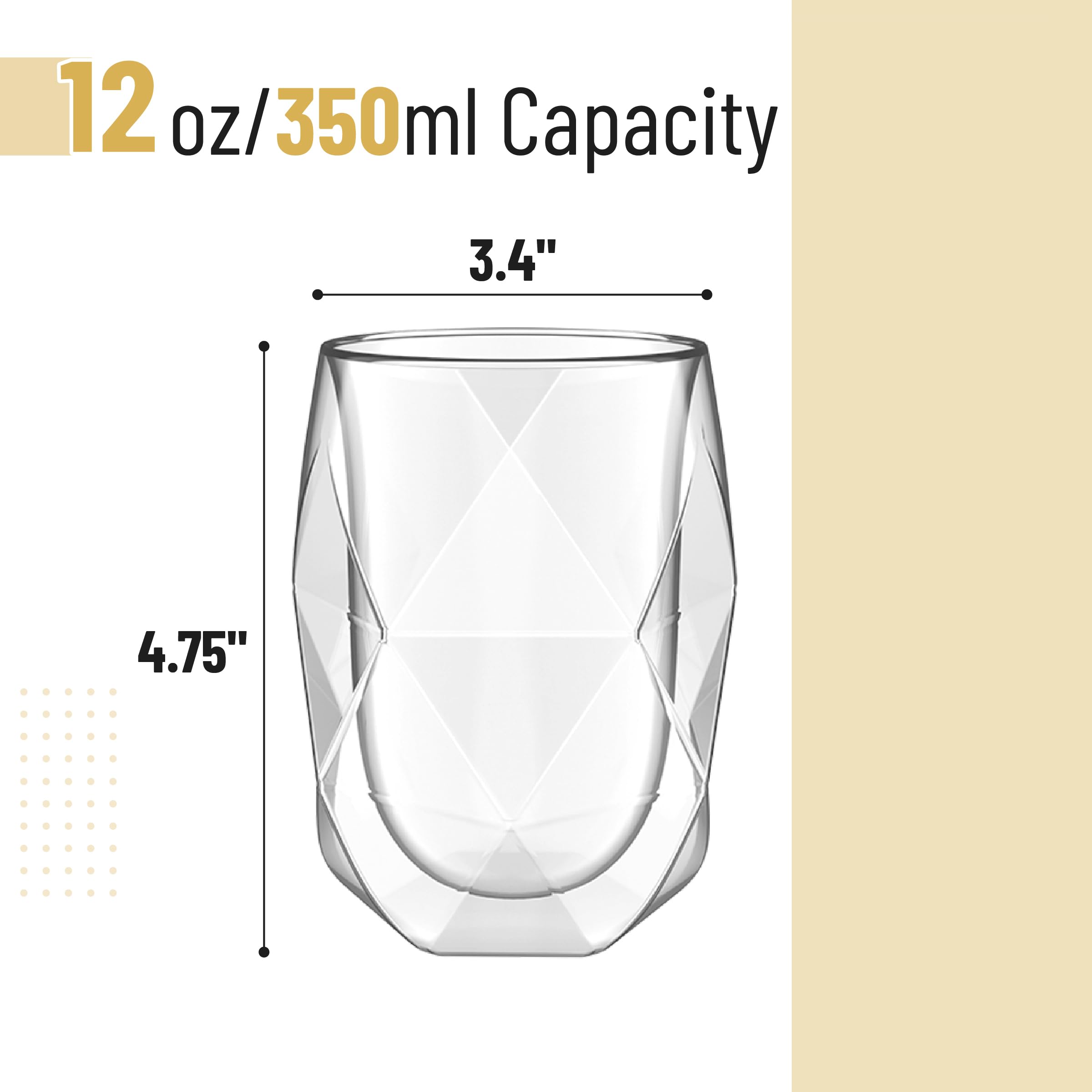 BTaT- 12oz Double Wall Insulated Glass Coffee Mug Set of 4 - Diamond Shape Clear Cups for Hot & Cold Drinks - Perfect for Coffee, Tea, Latte at Home, Office or Travel