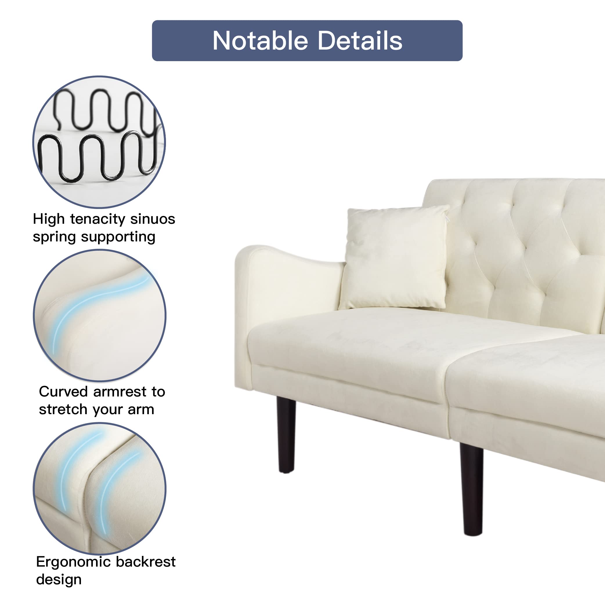 Modern Velvet Sleeper Sofa Bed with Sturdy Wooden Frame & 2 Pillows - Convertible Futon for Small Spaces, Studio Apartments, Dorms & Living Room - Perfect for Guest Sleeping & Lounge Relaxation (Beige)