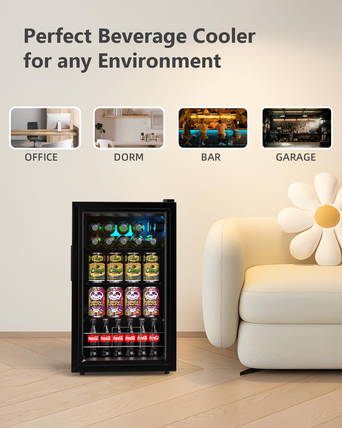 Geekman 120 Can Beverage Refrigerator - Freestanding Mini Fridge with Double-Layer Glass Door, Adjustable Removable Shelves for Beer, Wine & Soda - Perfect for Home Bar, Office, Man Cave & Entertainment Spaces