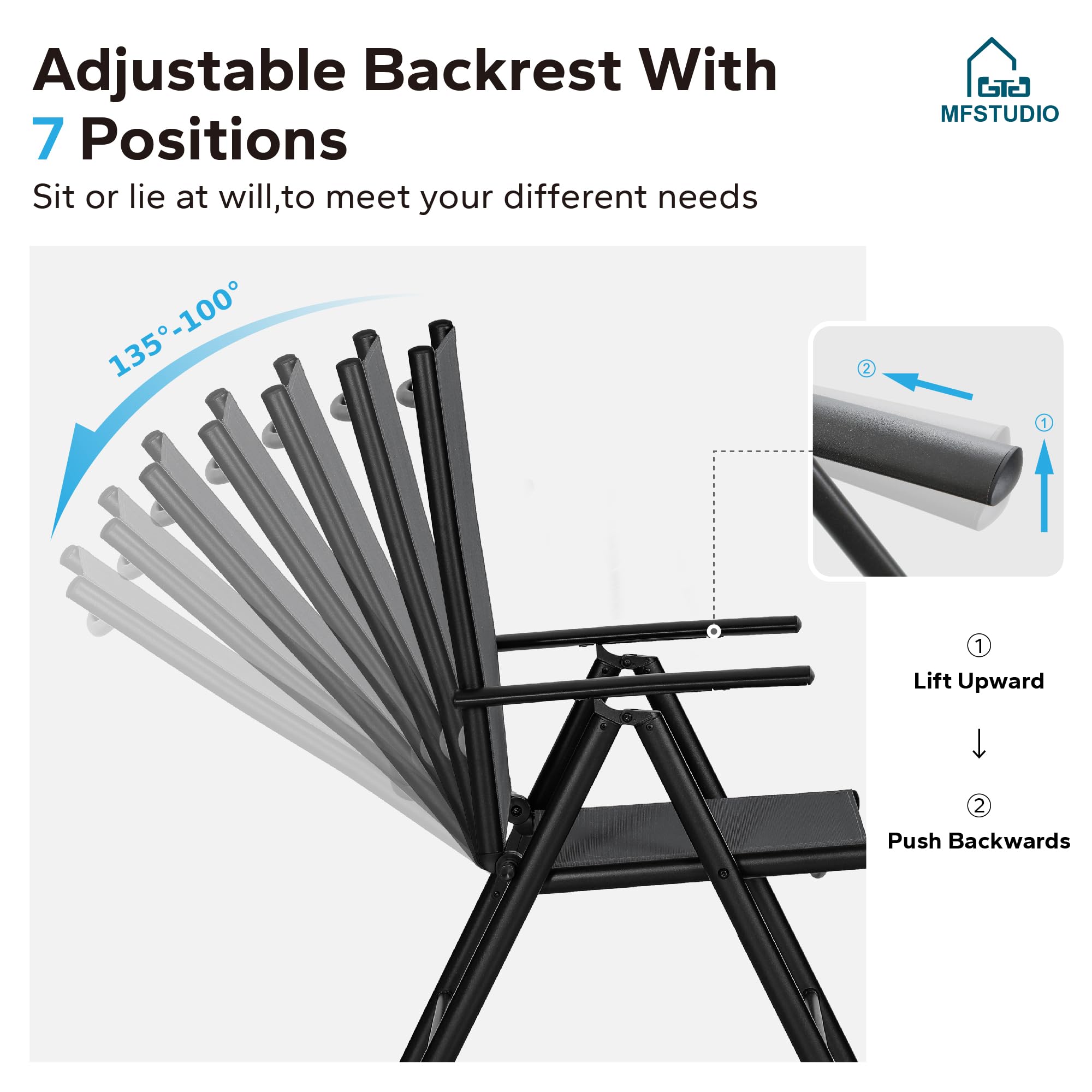 MFSTUDIO 6-Pack Black Adjustable Folding Patio Chairs - Portable Outdoor Dining Chairs with 7-Level Sling Back Support for Backyard, Lawn, Garden, Camping & Picnics