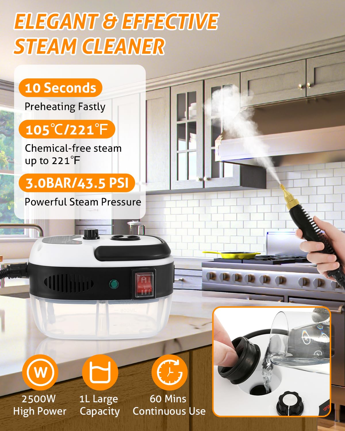 WICHEMI 2500W High Pressure Handheld Steam Cleaner - Portable Electric Steam Cleaning Machine for Home, Kitchen, Floors & Auto Detailing | Perfect for Deep Cleaning Carpets, Upholstery, Tiles and Car Interiors