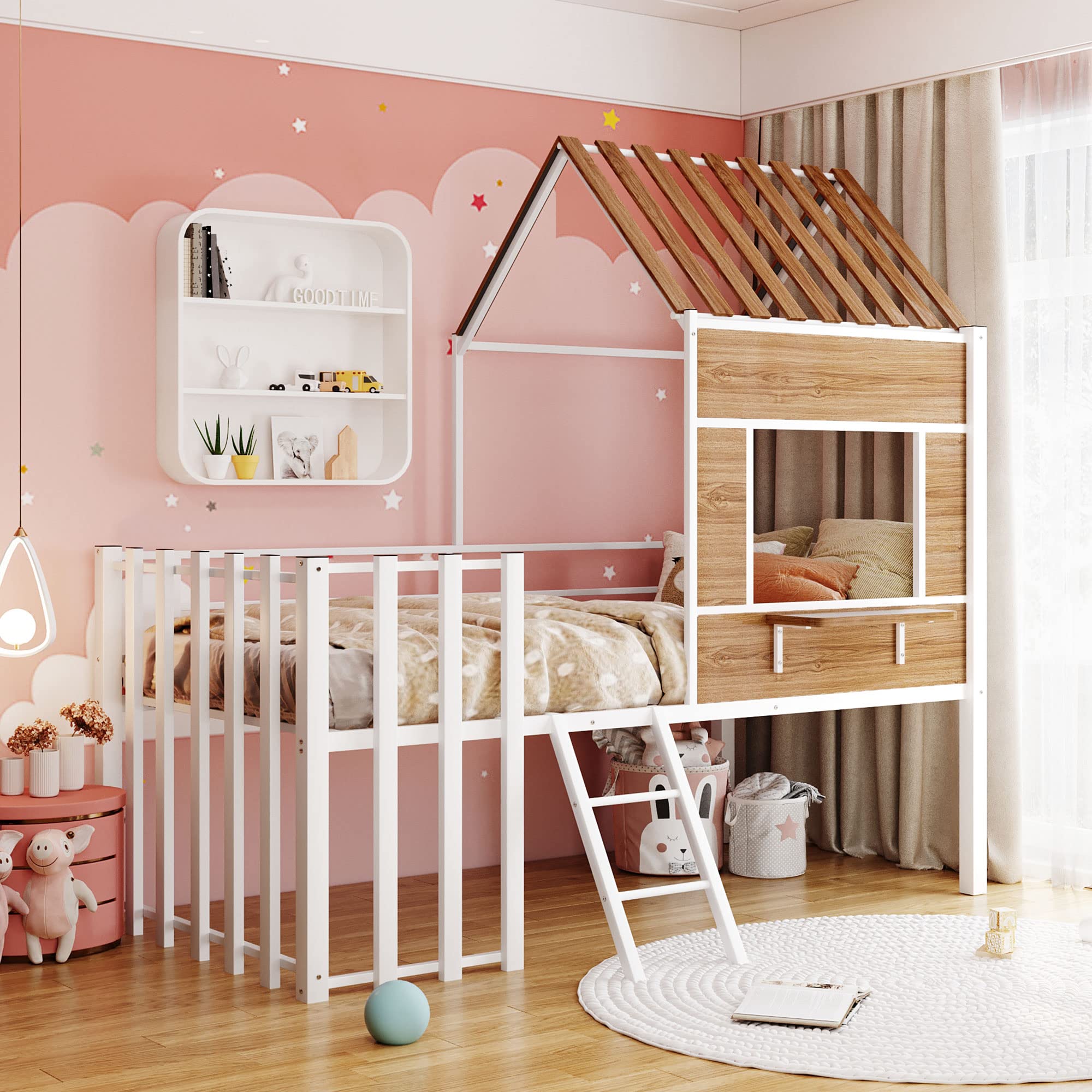 **Low Loft Twin Size Kids House Bed with Roof - Metal Frame, Window, Guardrail & Ladder (White) - Perfect for Small Bedrooms, Playrooms & Cozy Sleep Spaces**