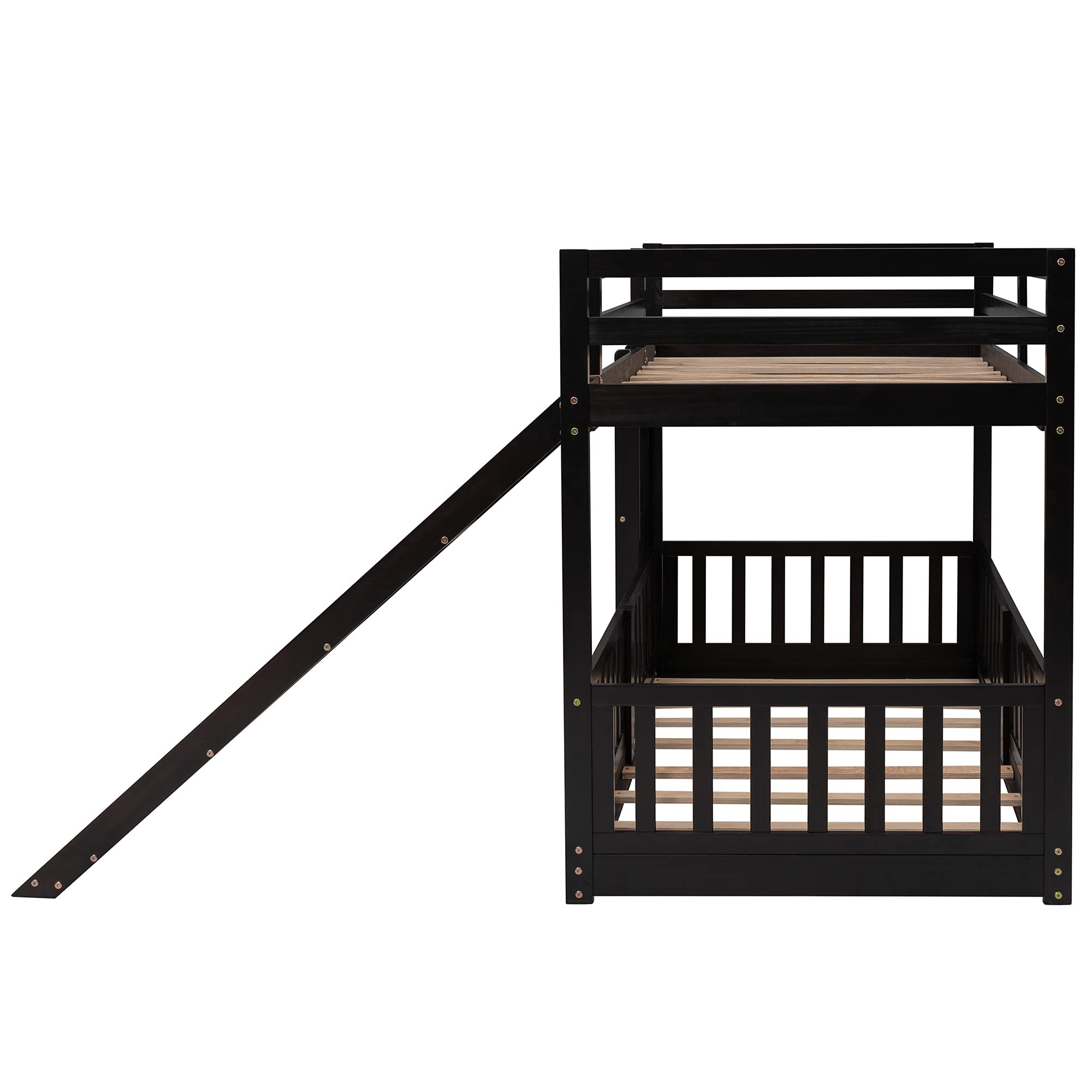 RUNNA Twin Over Twin Wood Bunk Bed with Convertible Slide & Ladder - Space-Saving Kids Loft Bed with Full-Length Guardrail - Espresso Finish for Bedroom, Dorm, or Playroom