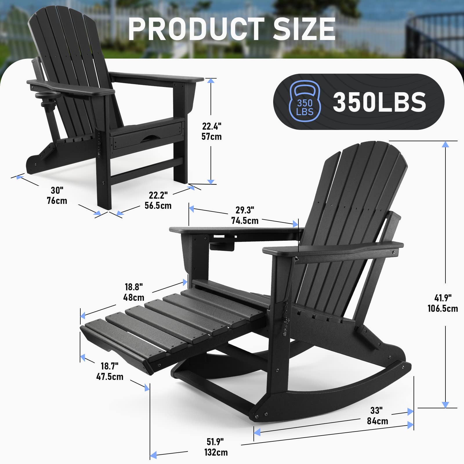 Premium Adirondack Chair with Ottoman - Weather-Resistant Rocking & Folding Outdoor Chair with Cup Holder - Heavy Duty 350lb Capacity Patio Furniture for Backyard, Poolside & Camping Fire Pit