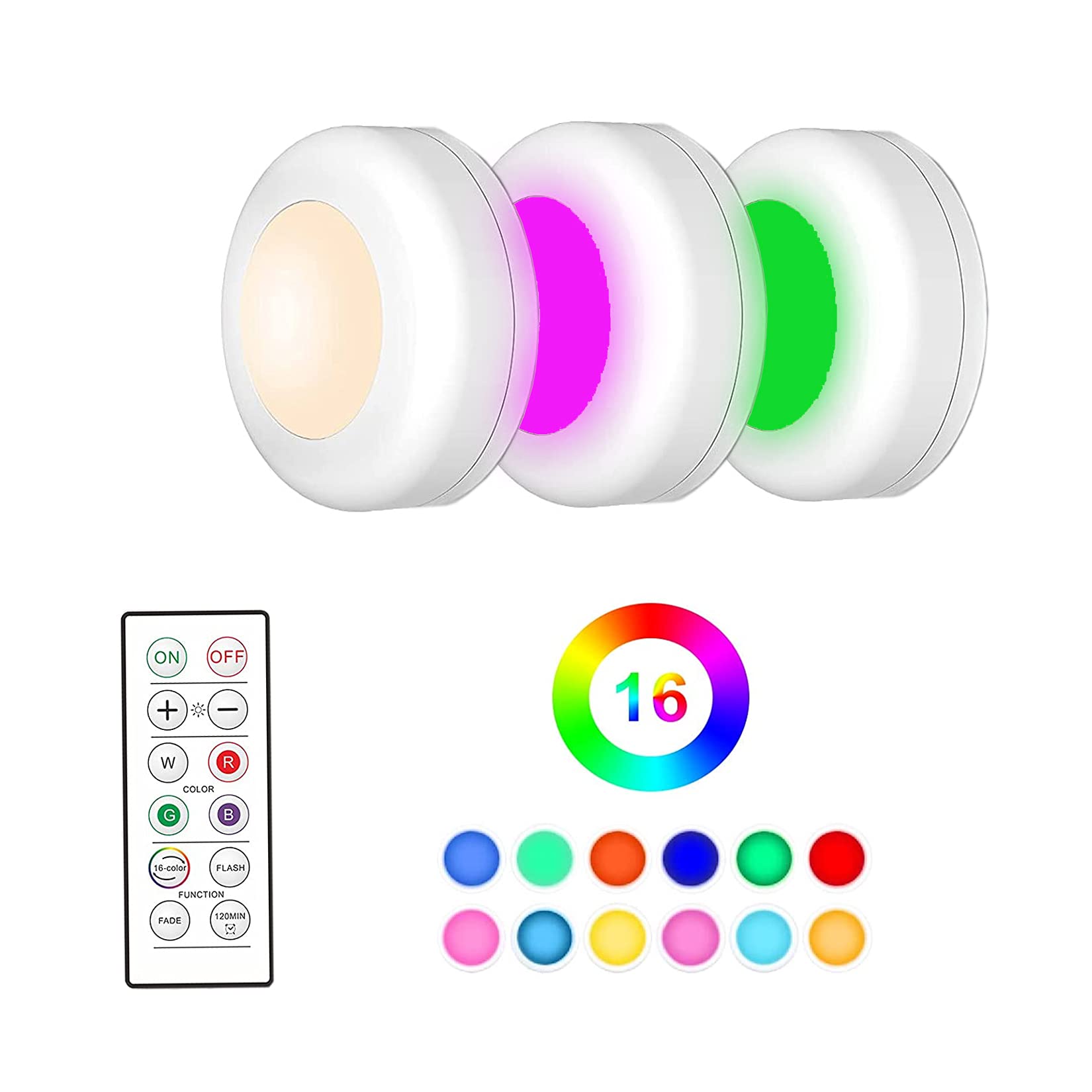 JoySusie Under Cabinet Puck Light - Wireless LED Counter Light, 16 Color Changing Closet Light with Remote Control & Timer, Stick-On Night Light (3 Pack) - Perfect for Kitchen, Wardrobe, Stairs, and Bedroom Lighting