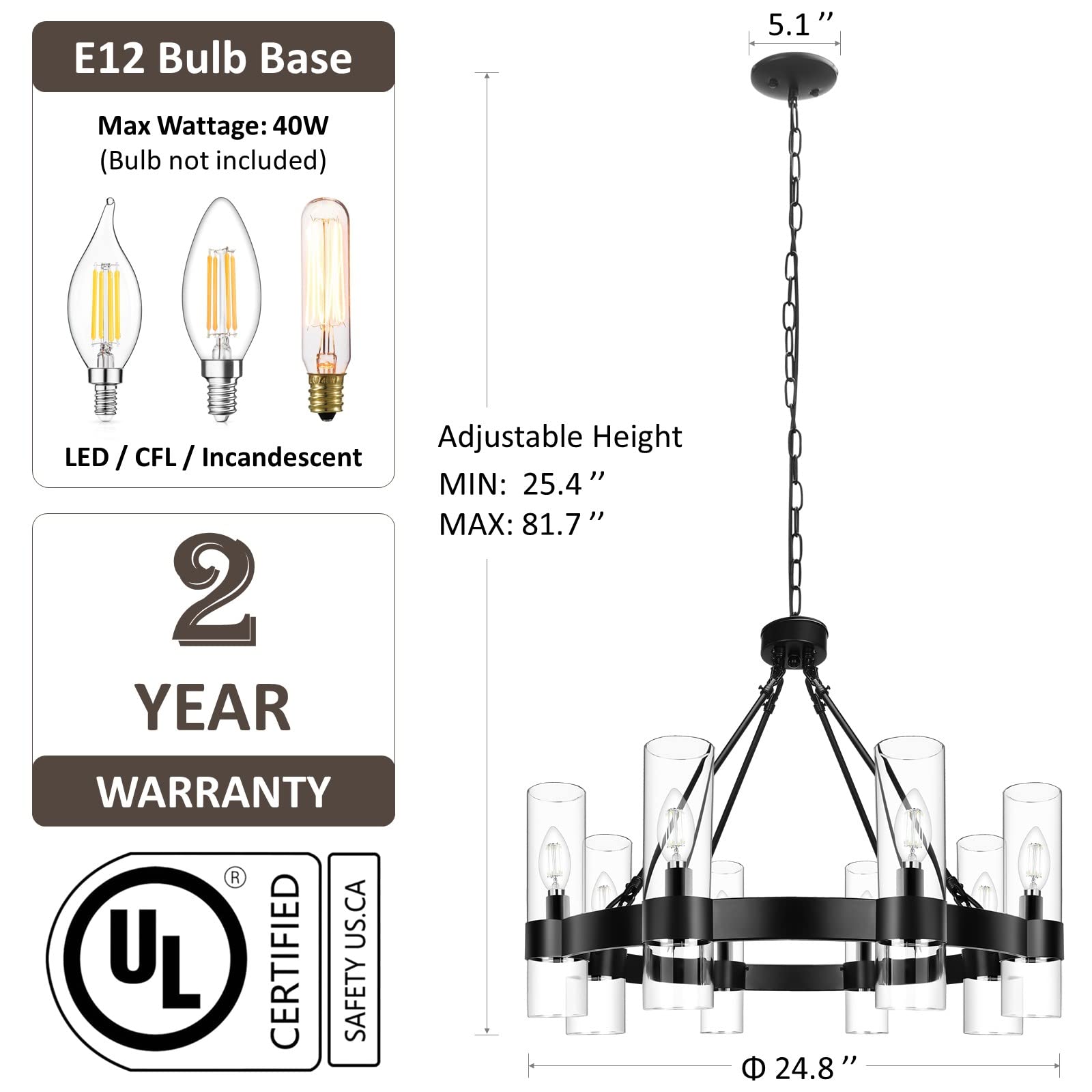 8-Light Black Wagon Wheel Chandelier - Modern Farmhouse Glass Pendant Light with Industrial Style - Round Hanging Lighting Fixture for Living Room, Dining Room, Kitchen Island, Entryway, Foyer - Perfect for Rustic Home Decor and Open Ceiling Spaces