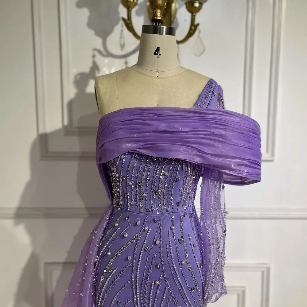 Elegant Purple Arabic Evening Dress with Side Train & Pearls - One Shoulder Formal Gown for Women | Perfect for Prom, Wedding & Special Occasions | 2025 LA72332A