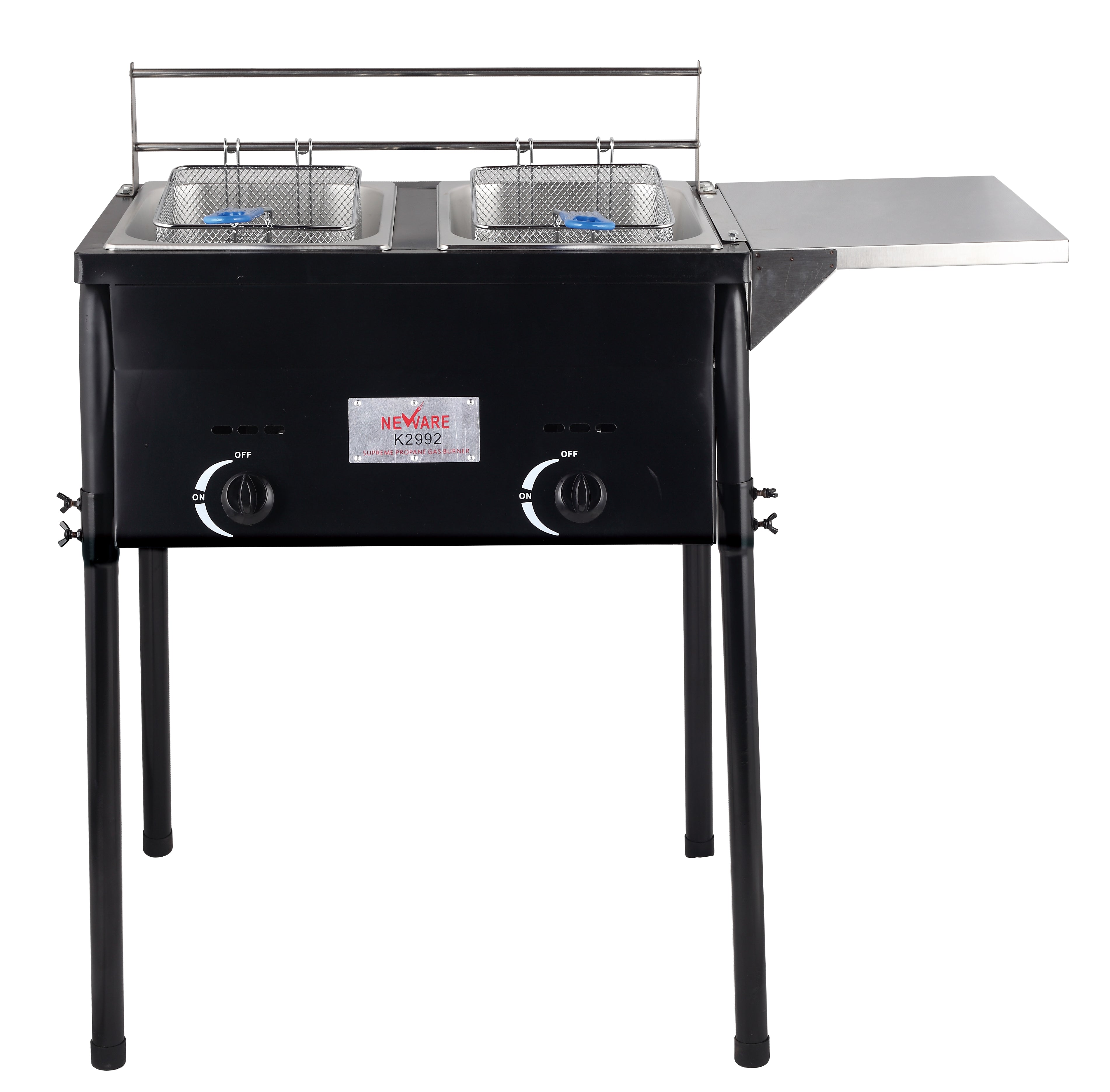 Double Burner Propane Deep Fryer with Shelves - Commercial Grade Stainless Steel Deep Fryer for Outdoor Cooking, Food Trucks, and Restaurants - Perfect for Frying Chicken, Fish, and French Fries
