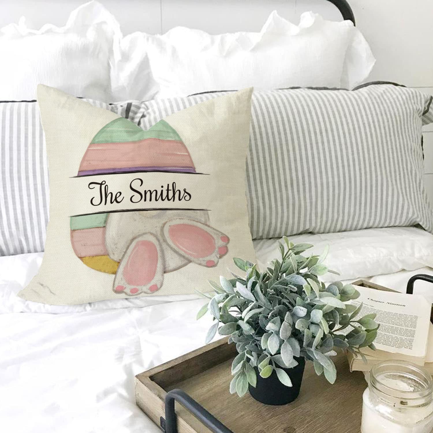 Personalized Easter Pillow Covers Set of 2 - Custom Family Name Bunny Rabbit Egg Design - 18x18 Inch Polyester Cushion Cases for Sofa, Couch, Bed - Perfect for Spring Decor, Easter Gifts & Home Accents