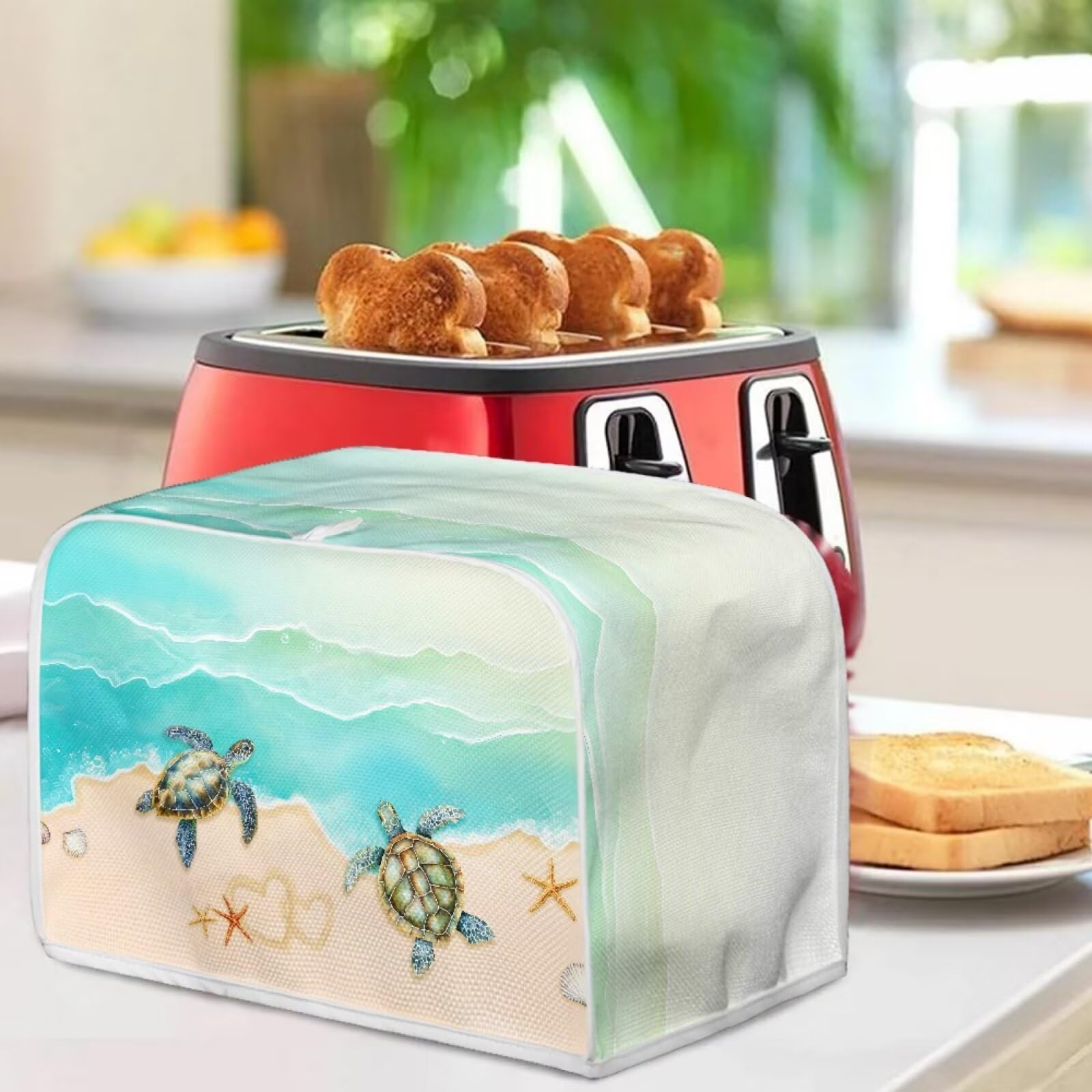 Sea Turtle Print Toaster Oven Cover - Starfish Beach Design Dust Protector for 2-Slice Toasters - Anti-Dust & Fingerproof Bread Maker Machine Cover in Green & Brown - Perfect for Kitchen, Beach House & Coastal-Themed Decor