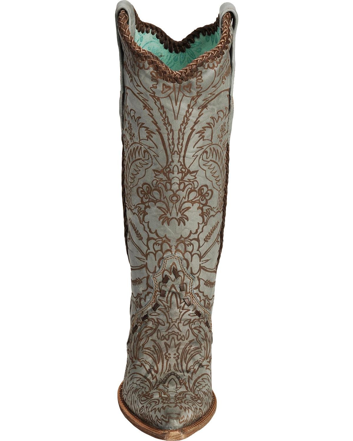 Women's Turquoise Engraved Lace Green Leather Cowgirl Boots - Size 8.5 M - Western Style Corral Boots for Country Dancing, Rodeo & Fashion Outfits