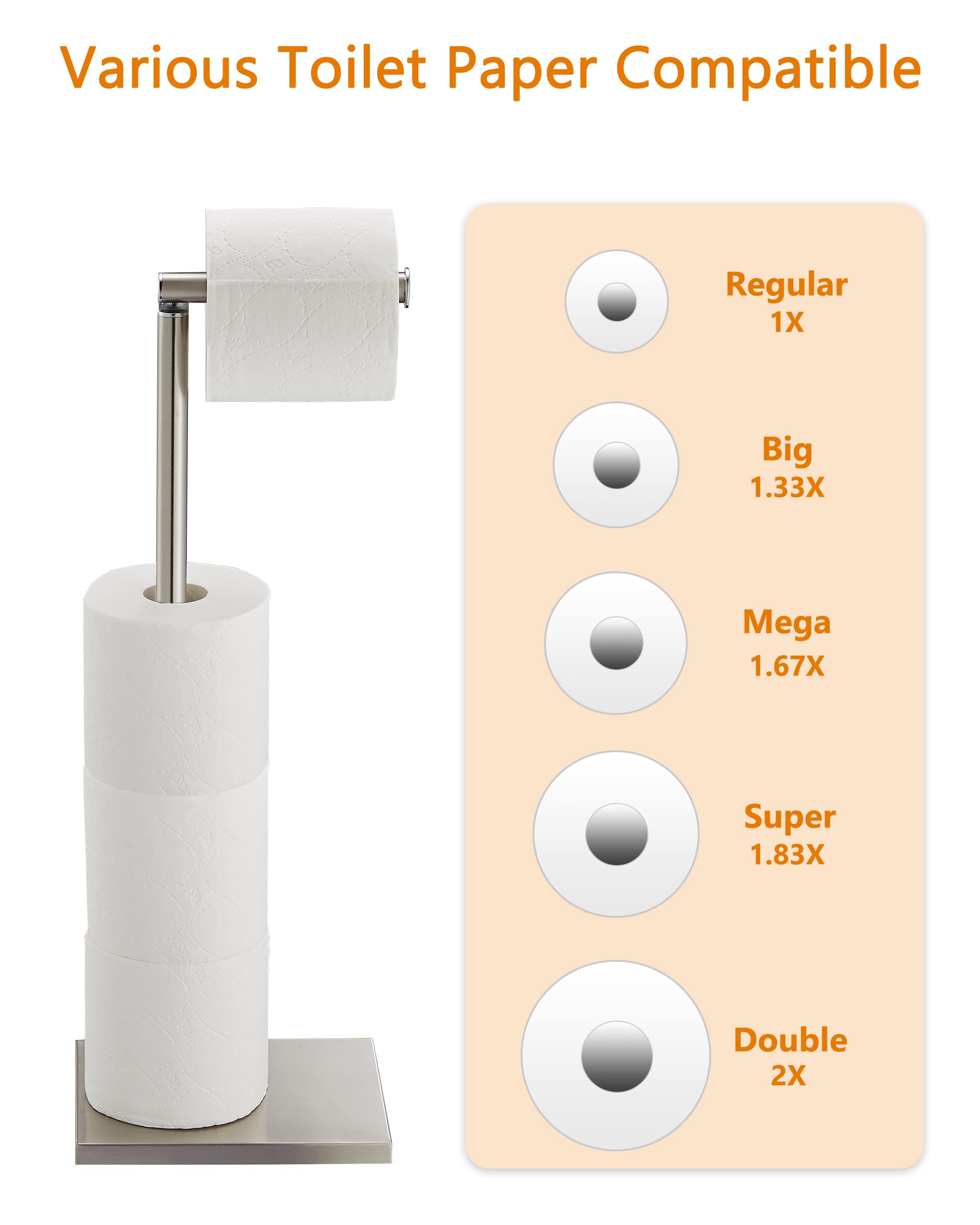 Stainless Steel Free Standing Toilet Paper Holder Stand with Reserve - Bathroom Tissue Roll Dispenser for Home, Office & RV Use
