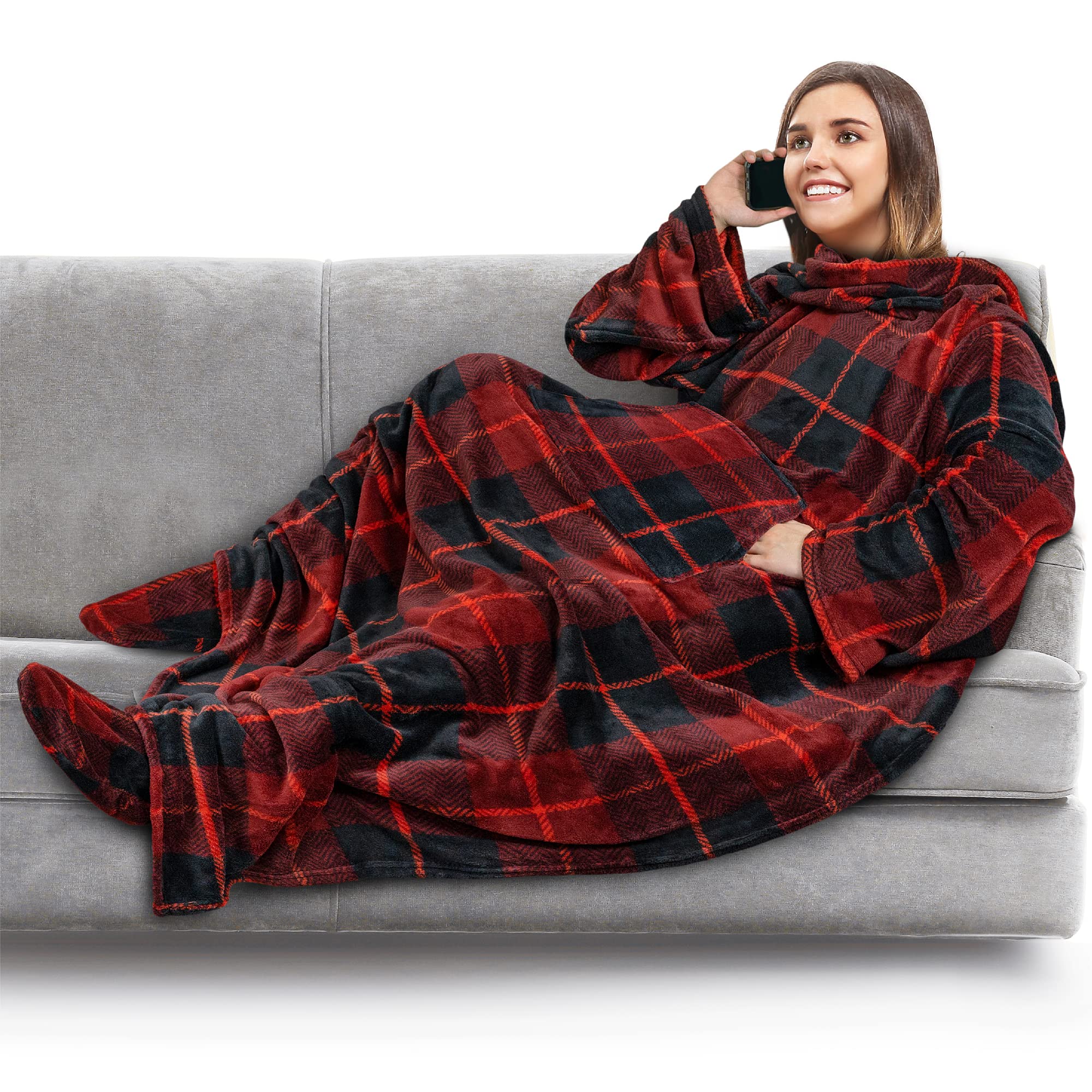 PAVILIA Fleece Blanket with Sleeves & Foot Pockets - Wearable Blanket for Women & Men - Soft Plush Throw Wrap - Warm Snuggle Robe Blanket - Cozy Gift for Wife or Mom (Plaid Red) - Perfect for Movie Nights, Camping & Winter Relaxation