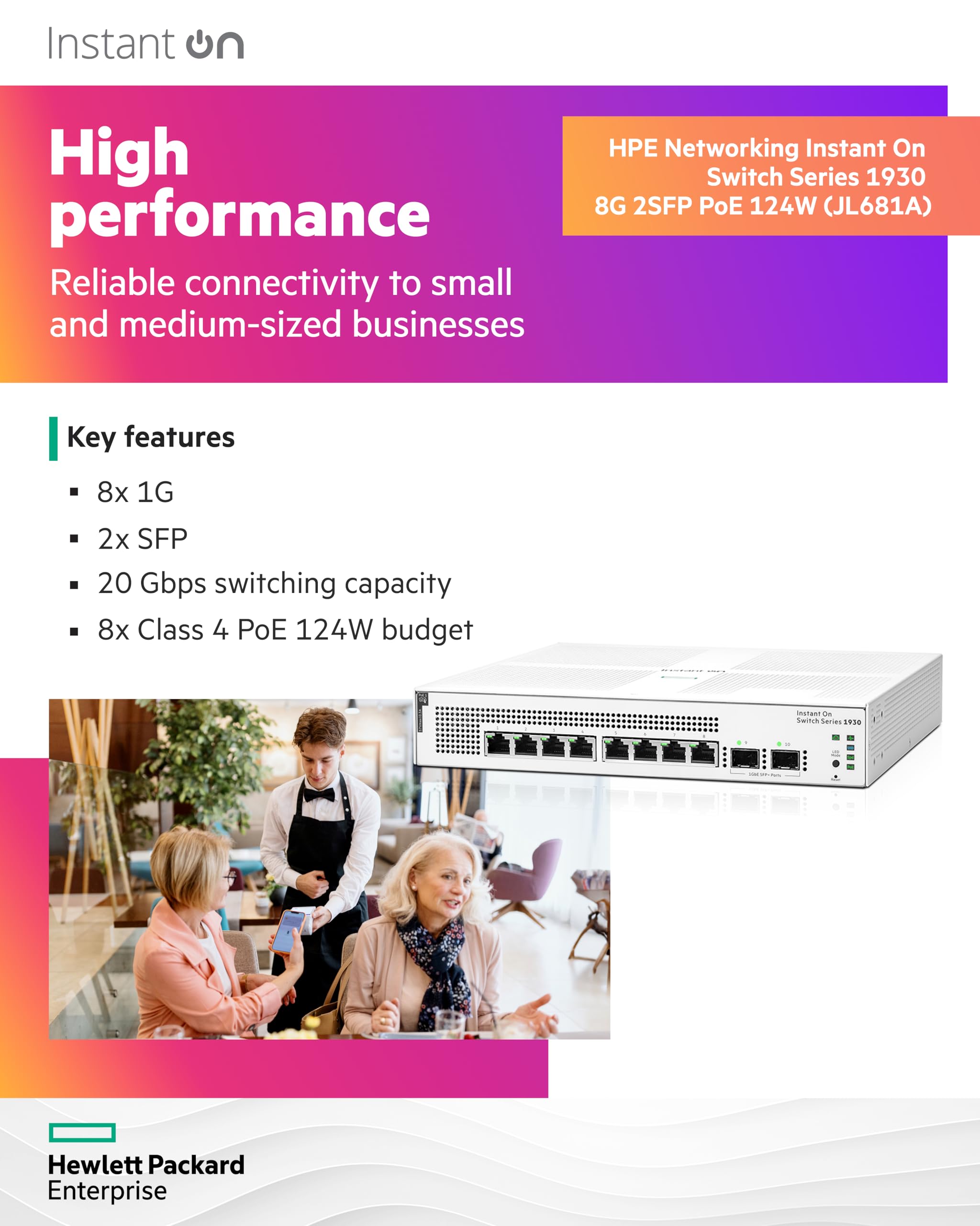 HPE 1930 8-Port Gigabit Smart Managed Layer 2+ PoE Switch | 8x 1G Ports + 2x SFP | 124W PoE Budget | JL681A#ABA | Ideal for Small Business Networks & Smart Office Connectivity