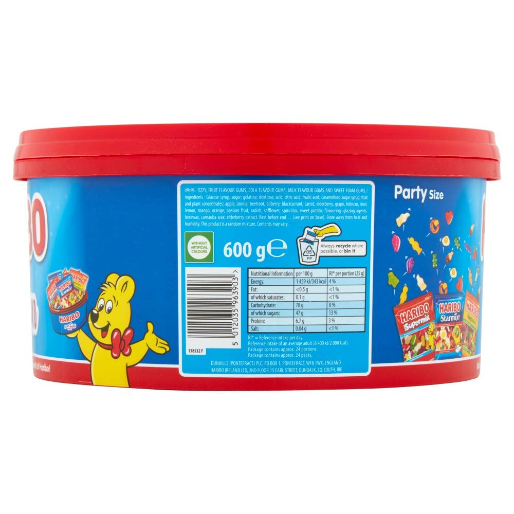Haribo Share The Fun Mini Bags Sweets Tub, 600g - Assorted Fruit Flavored Gummy Candy for Parties, Snacks & Office Treats | Bulk Pack for Halloween, Christmas & Birthday Celebrations