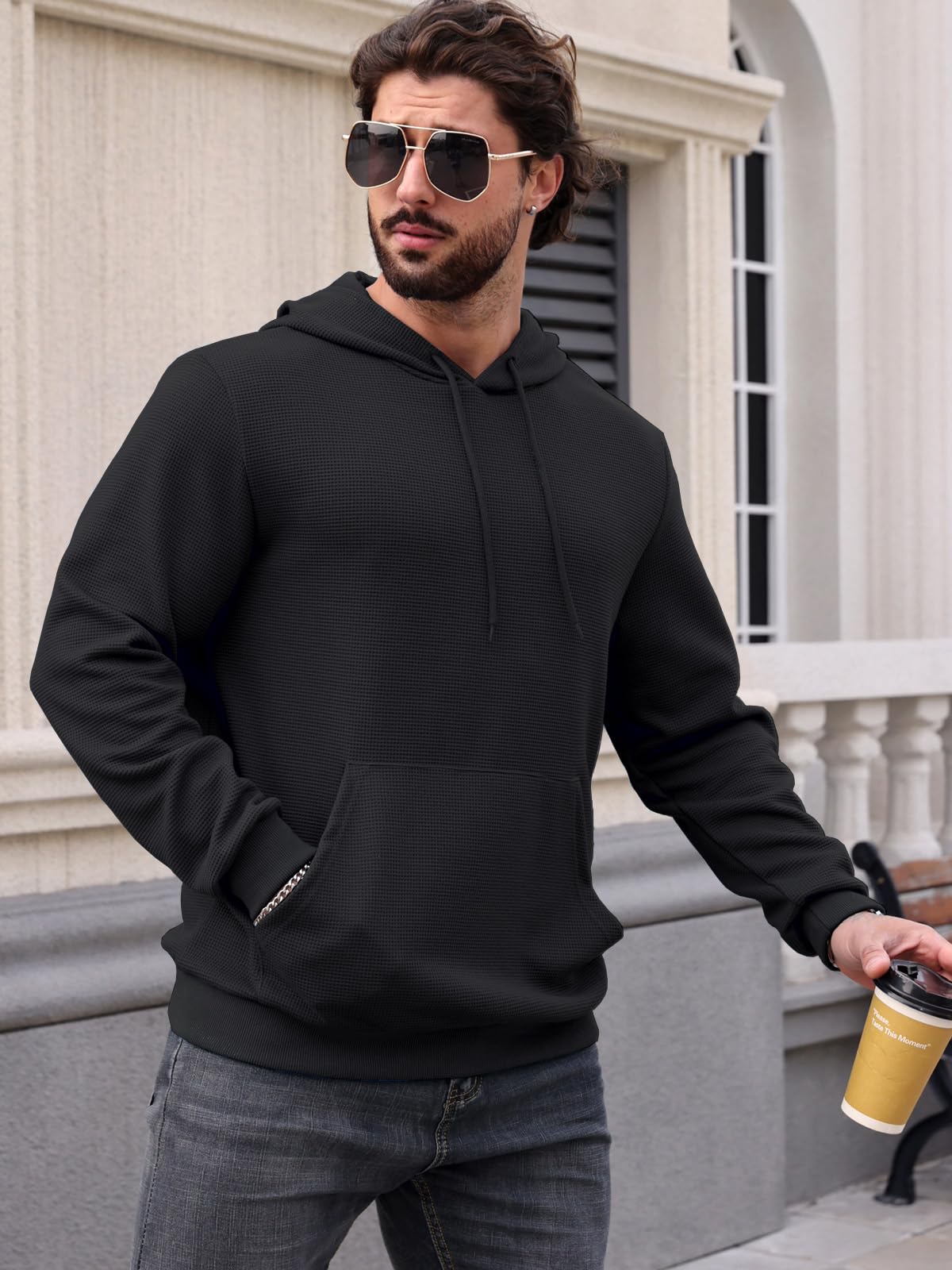 MANSDOUR Men's Casual Long Sleeve Waffle Knit Hoodie with Drawstring & Pocket - Warm Pullover Sweatshirt for Outdoor Activities, Streetwear & Lounge Wear
