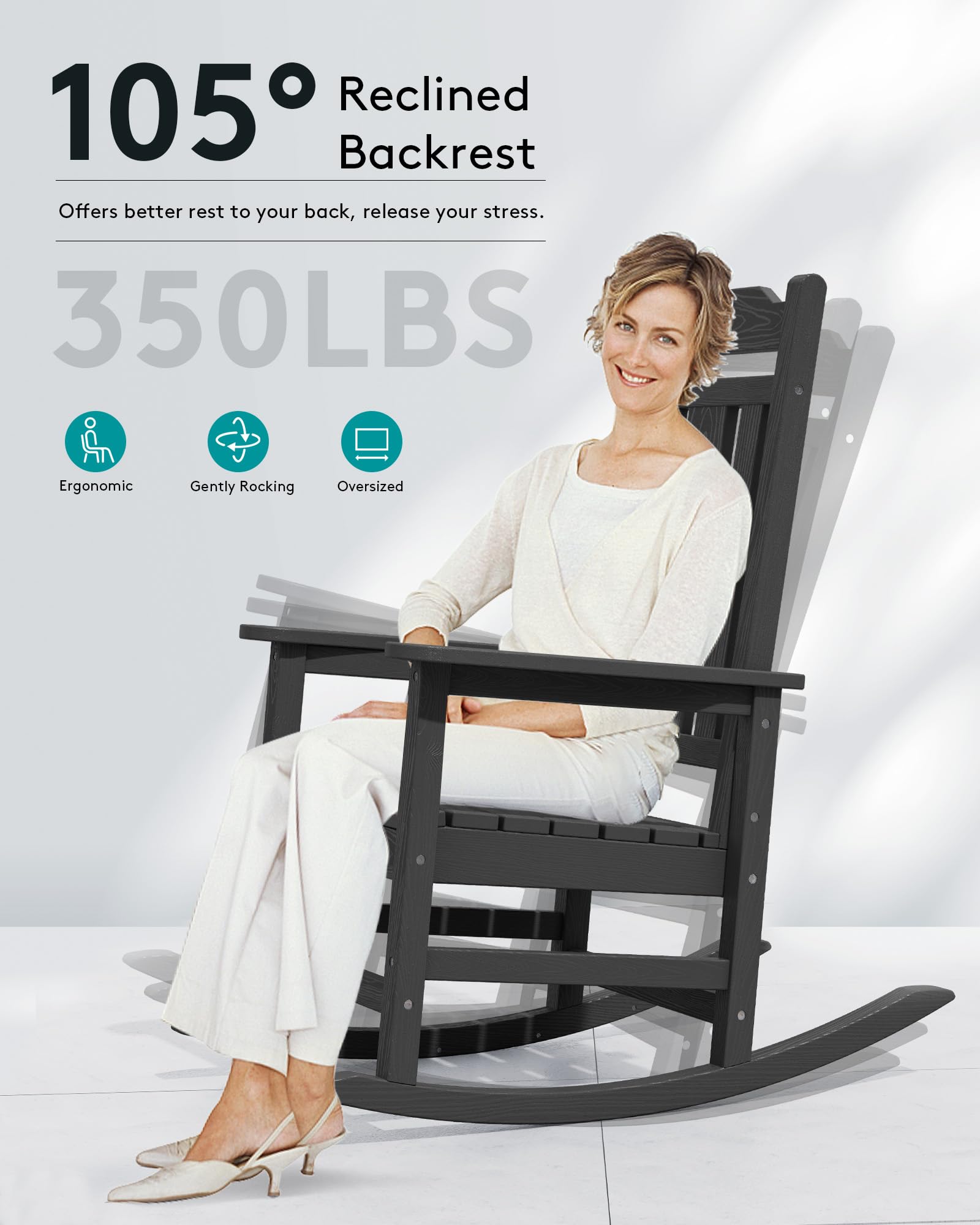 SERWALL Black Outdoor Rocking Chair Set of 2 - All-Weather HDPE Poly Patio Rocking Chairs for Adults, Heavy Duty Front Porch Rockers - Perfect for Garden, Deck, Backyard & Relaxation